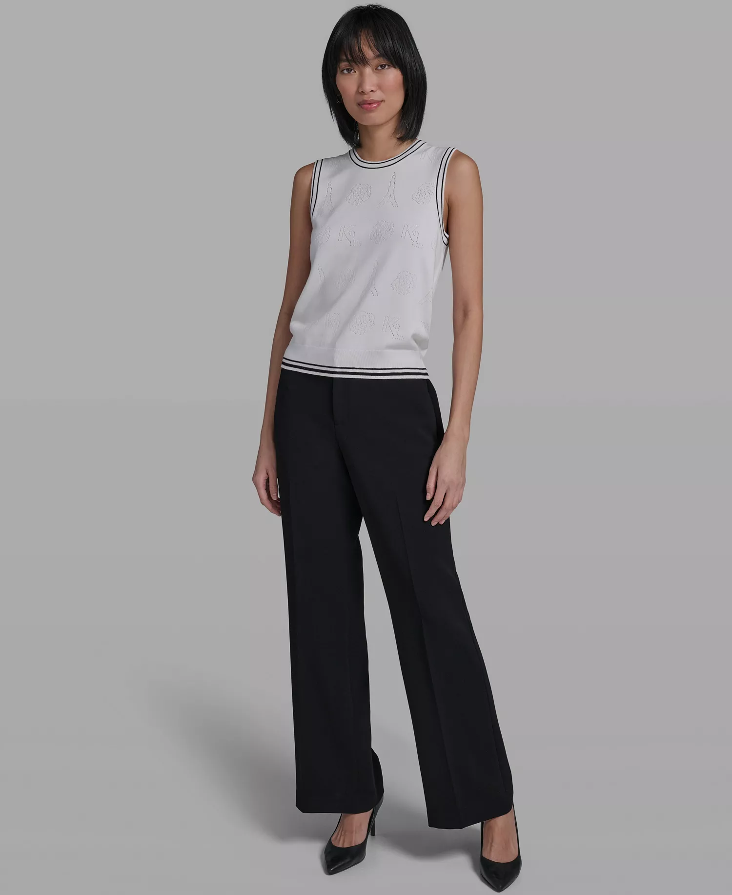 Women's Crew Neck Sleeveless Tank Sweater - Soft White/black - L