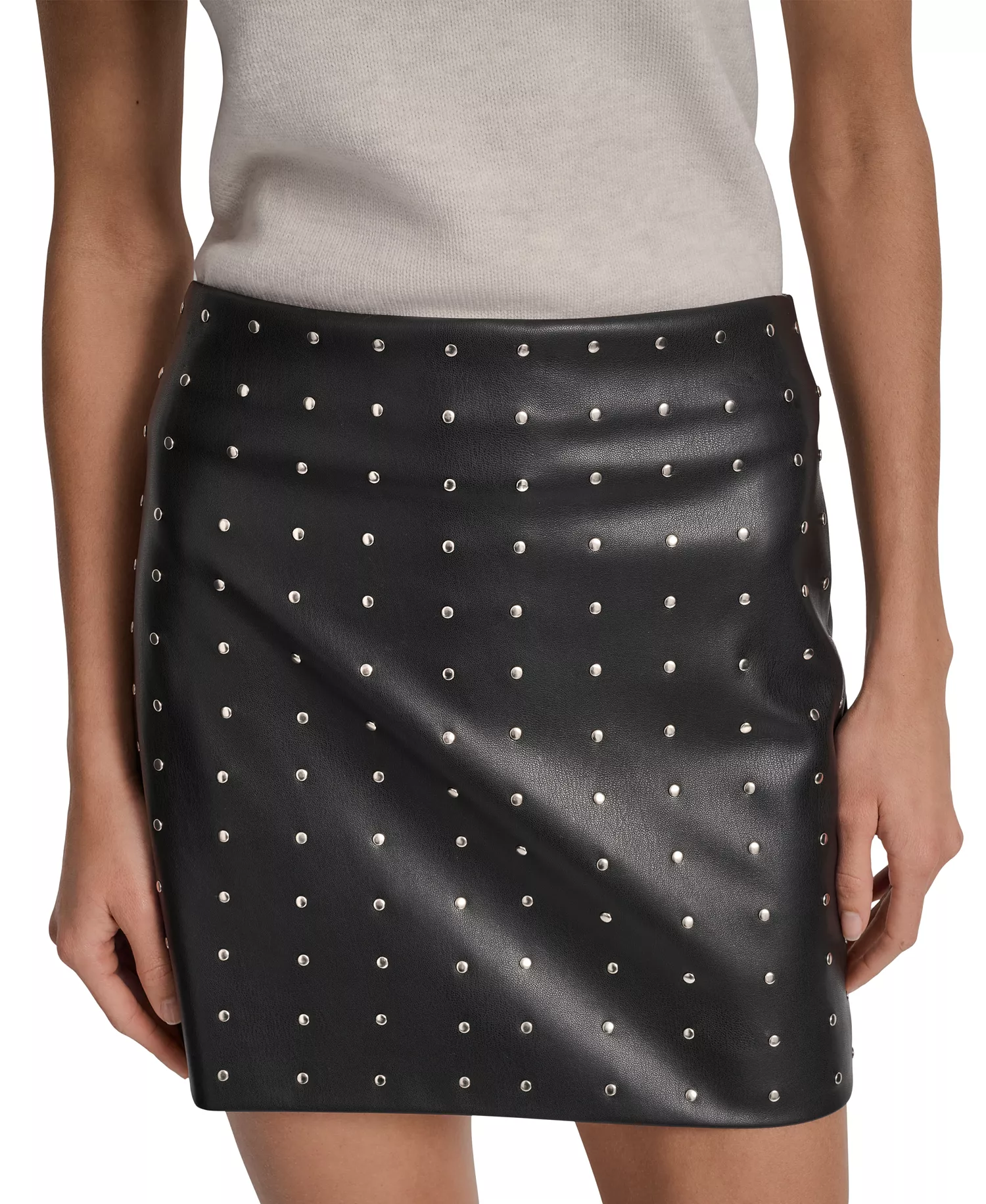 Women's Embellished Faux Leather Mini Skirt - Black - 16