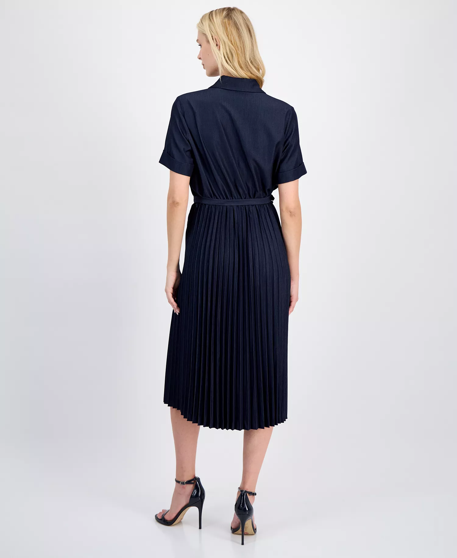 Women's Belted Button-Front Midi Dress - Dark Denim - 10