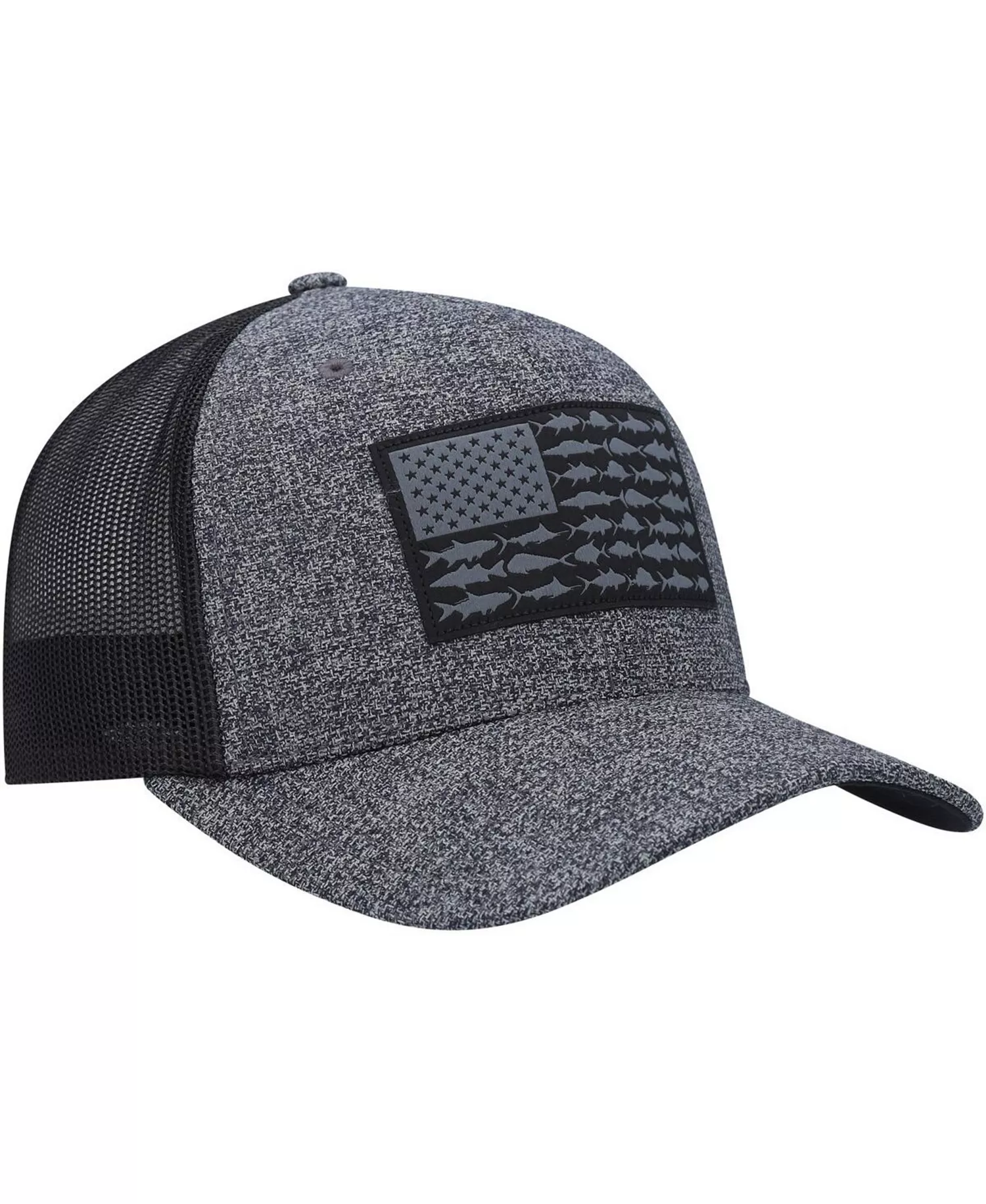 Men's Heathered Charcoal, Black PFG Fish Flag COOLMAX Trucker Snapback Hat - Heathered Charcoal, Black - One Size Fits All