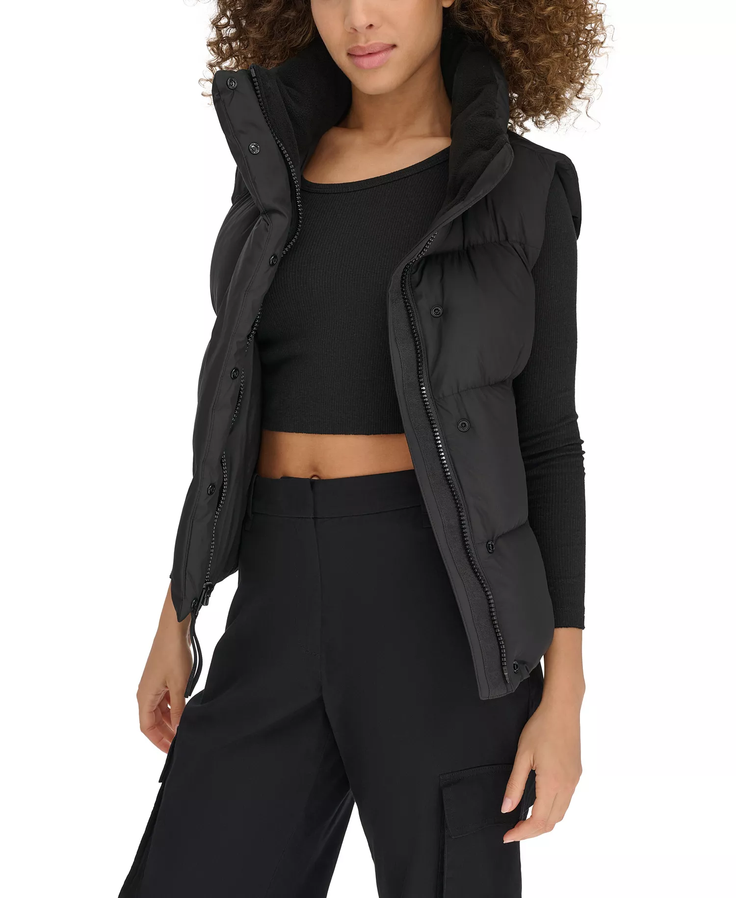 Women's Stand Collar Puffer Vest - Black - L