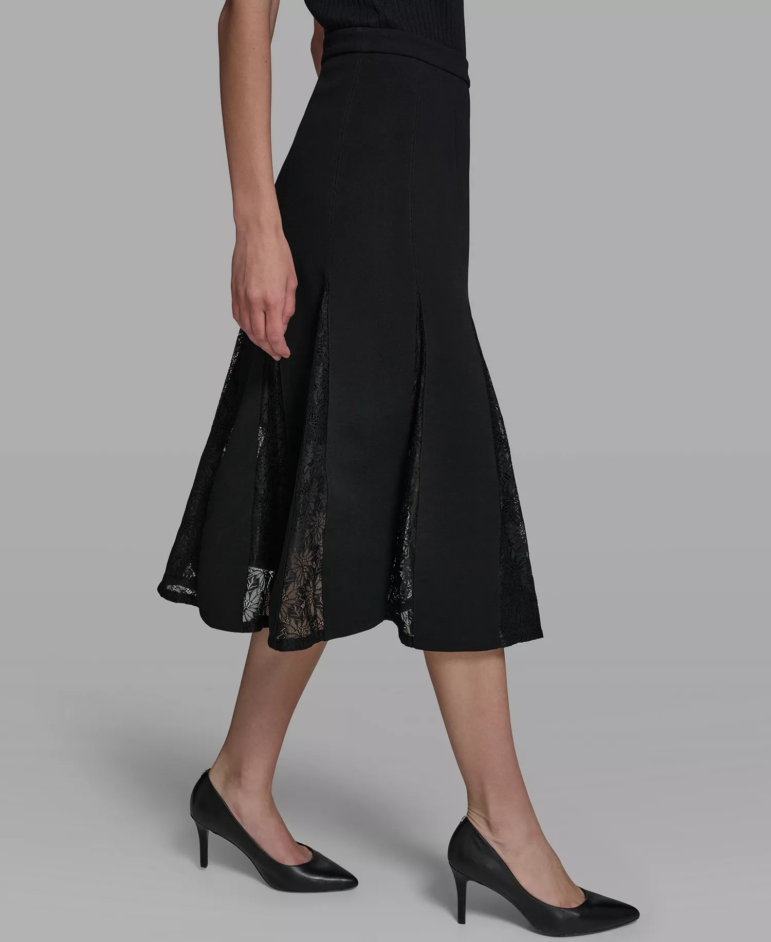 Women's Lace Inset Midi Skirt - Black - 0