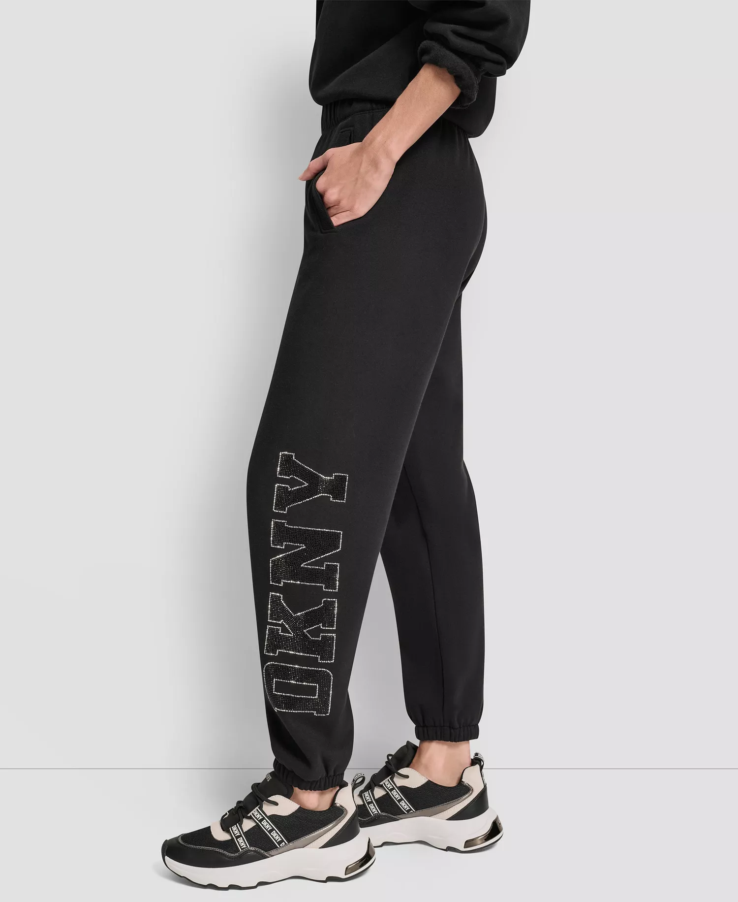 Women's Exploded Rhinestone Varsity Logo High Rise Relaxed Jogger - Black - L