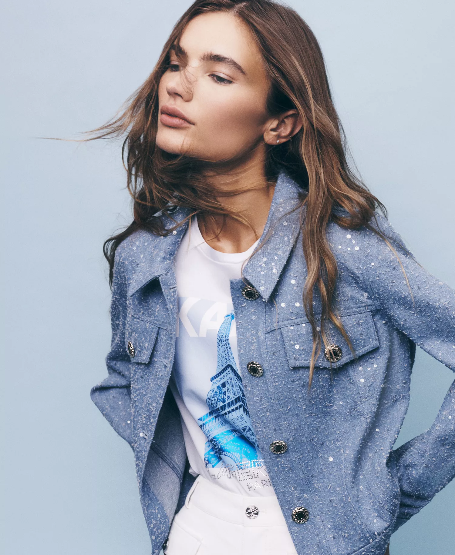 Women's Button Front Sequin Detail Jacket - Medium Blue - L