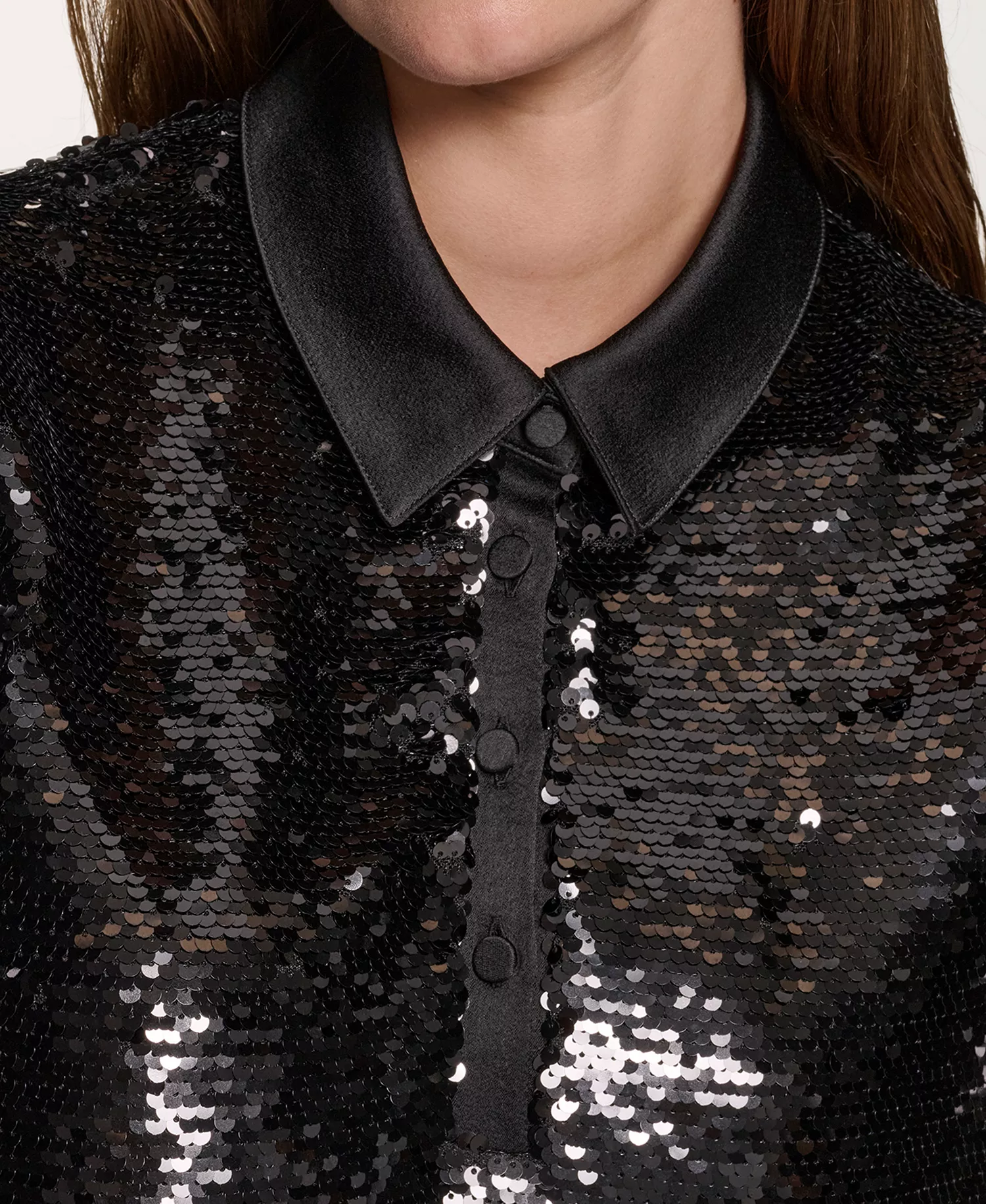 Women's Sequin Detail Collared Top - Black - S