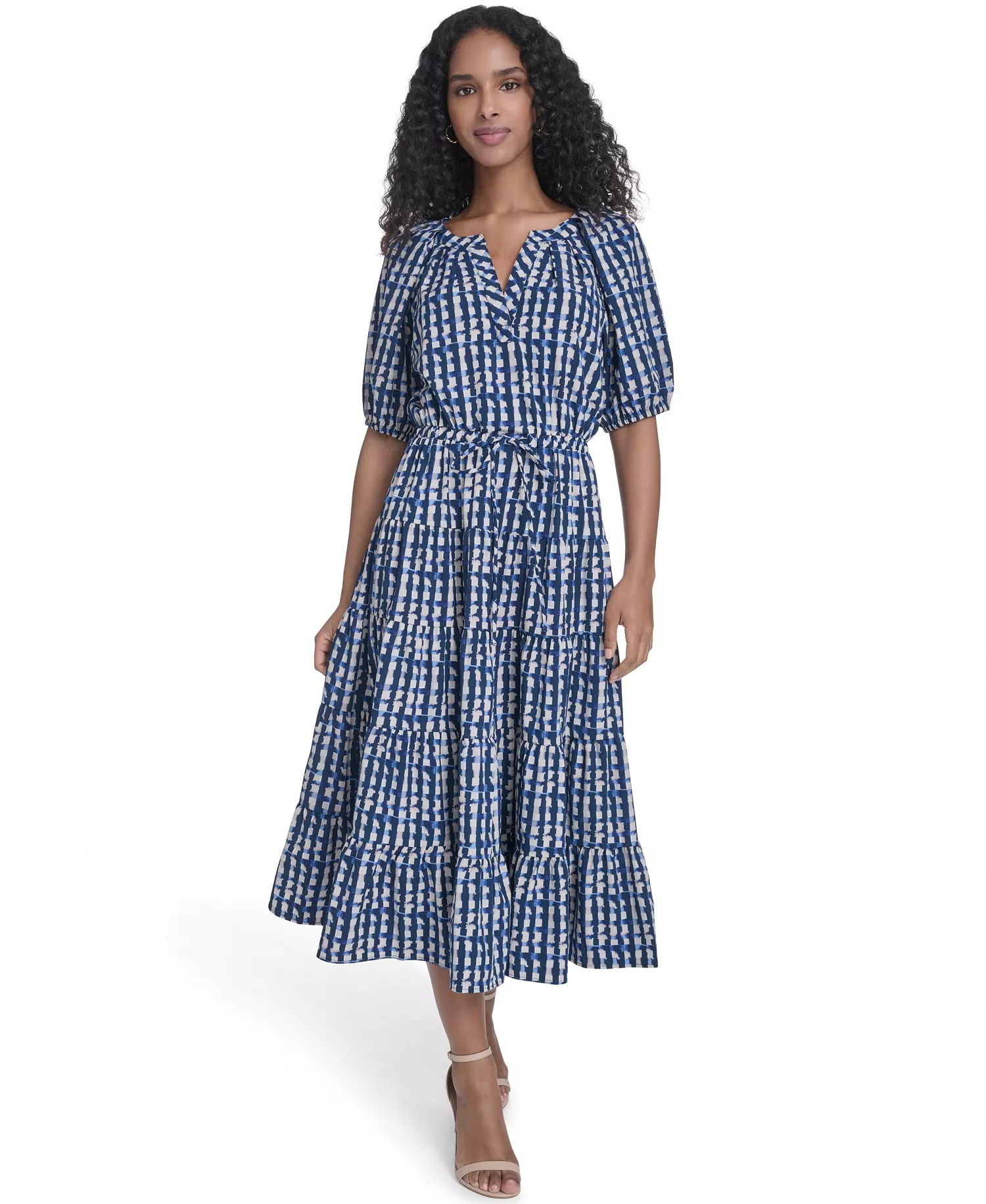 Women's Tiered V-Neck Midi Dress - Indigo/Stoney Beige Multi - 10