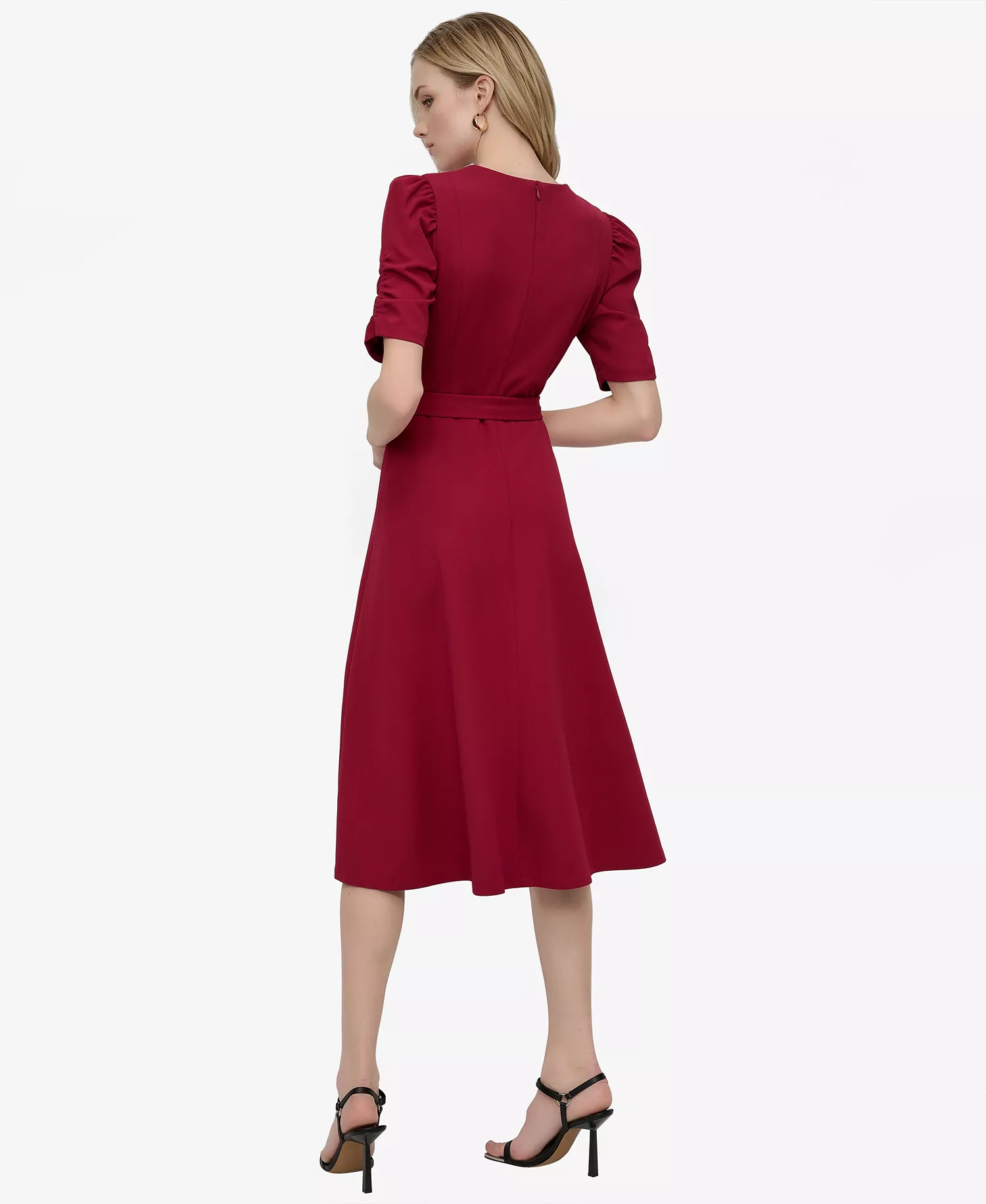 Women's Ruched-Sleeve Belted Fit and Flare Midi Dress - Beet - 10