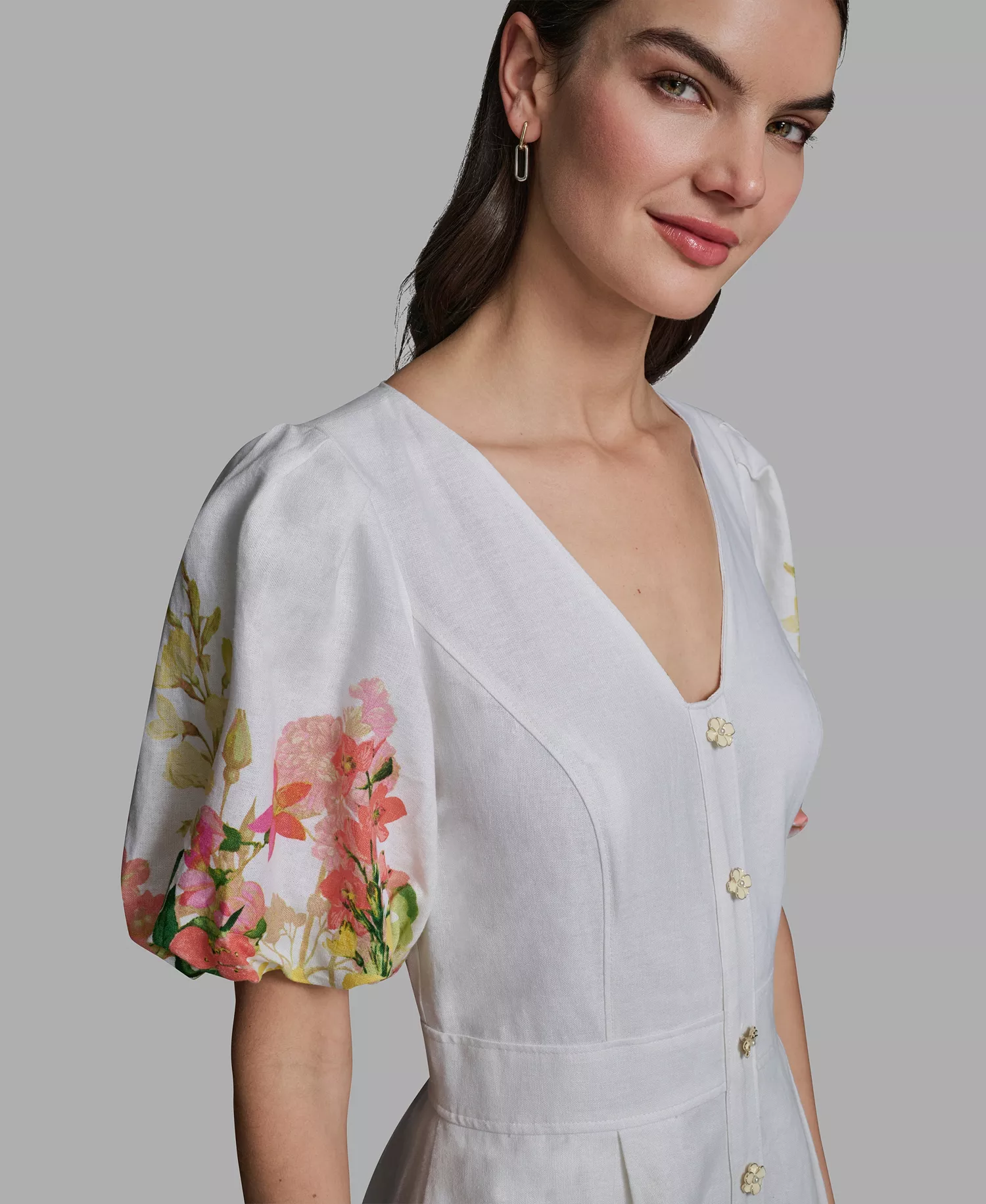 Women's Floral Border Linen Puff-Sleeve Dress - Soft White Multi - 0
