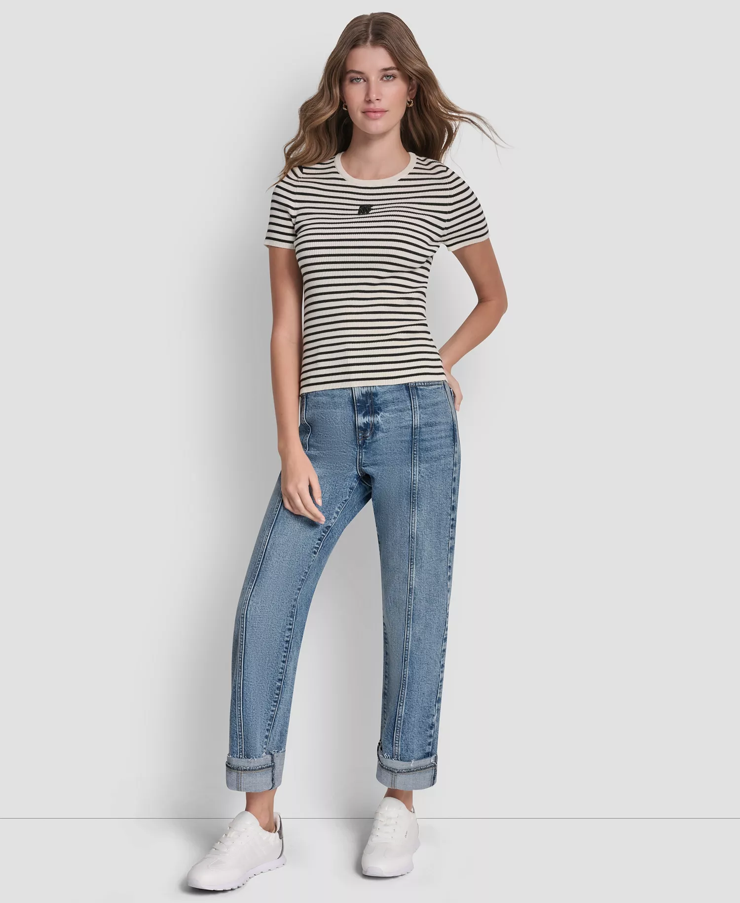 Women's Crew Neck Striped Rib Top - Eggnog/black - L