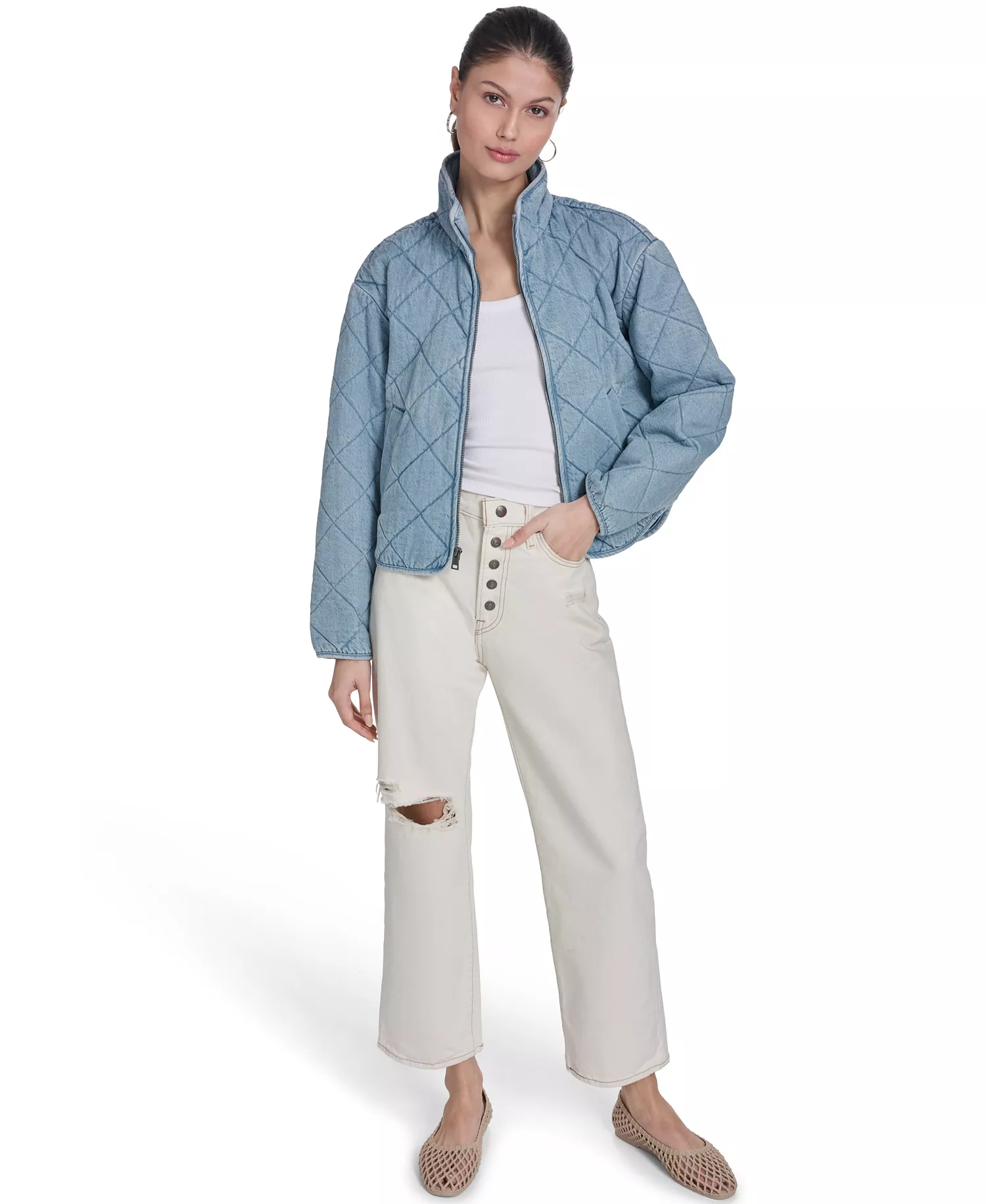 Women's Diamond-Quilted Cotton Jacket - Light Wash Denim - L