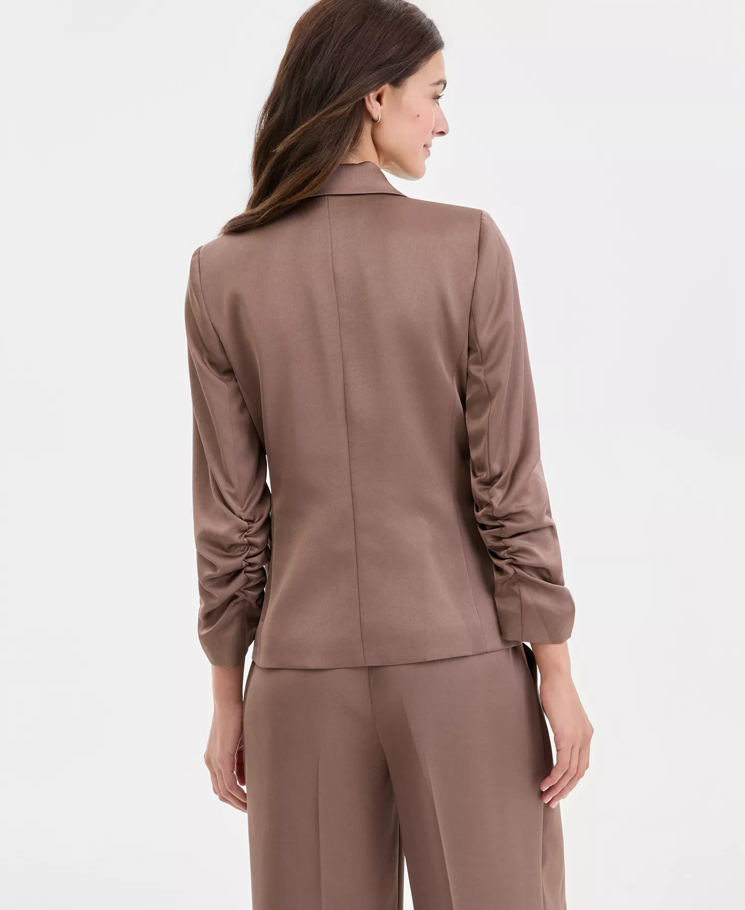 Women's Matte Satin Double-Breasted Scrunch-Sleeve Jacket - Mocha - 10