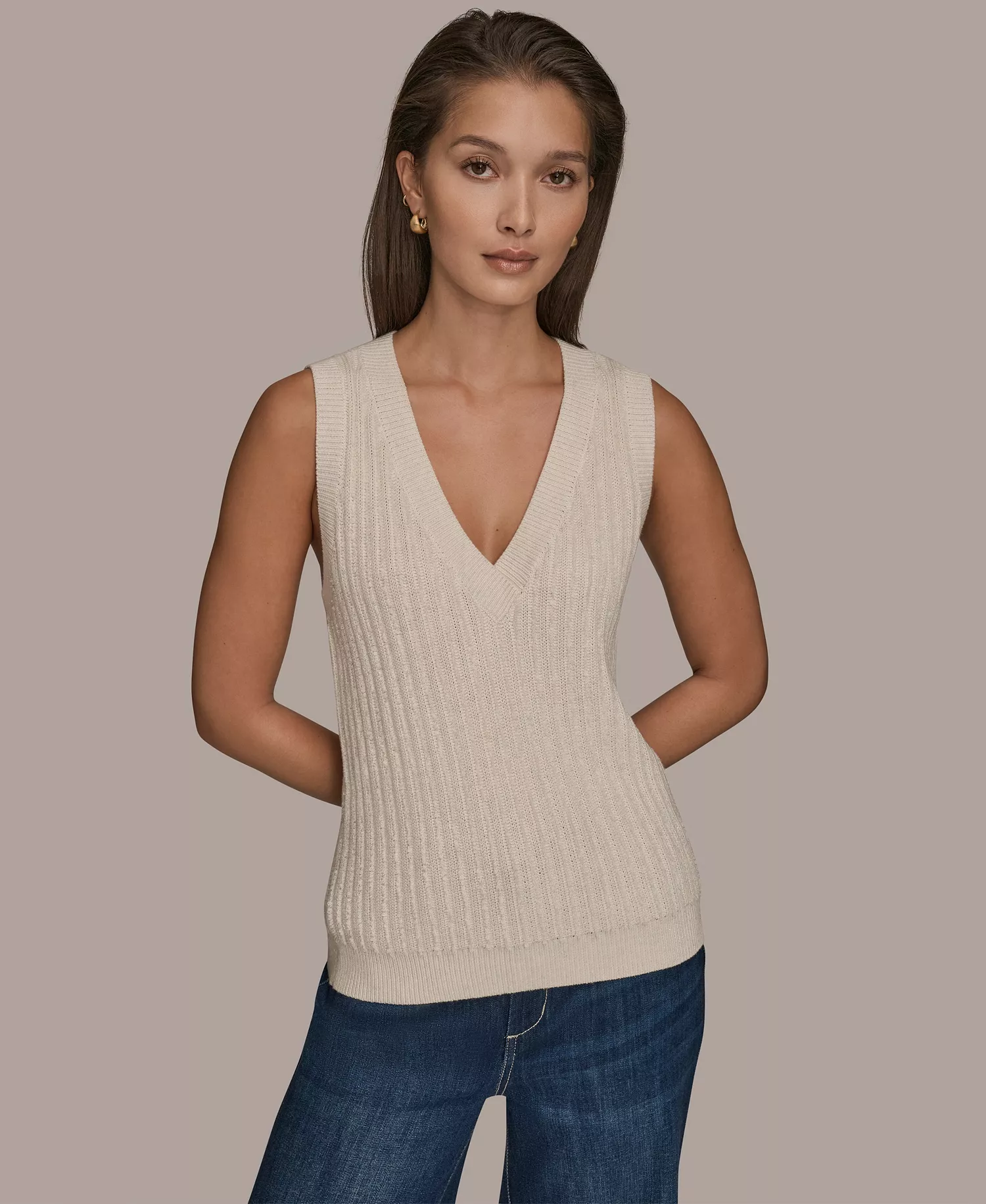 Women's Sleeveless V-Neck Loop Stitch Sweater Vest - Cream/silver - L