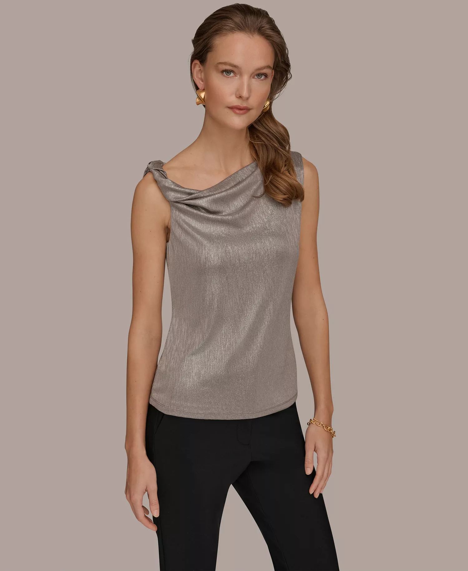 Women’s Foil Asymmetric Neck Top - Tuscan Grey/Silver Foil - L