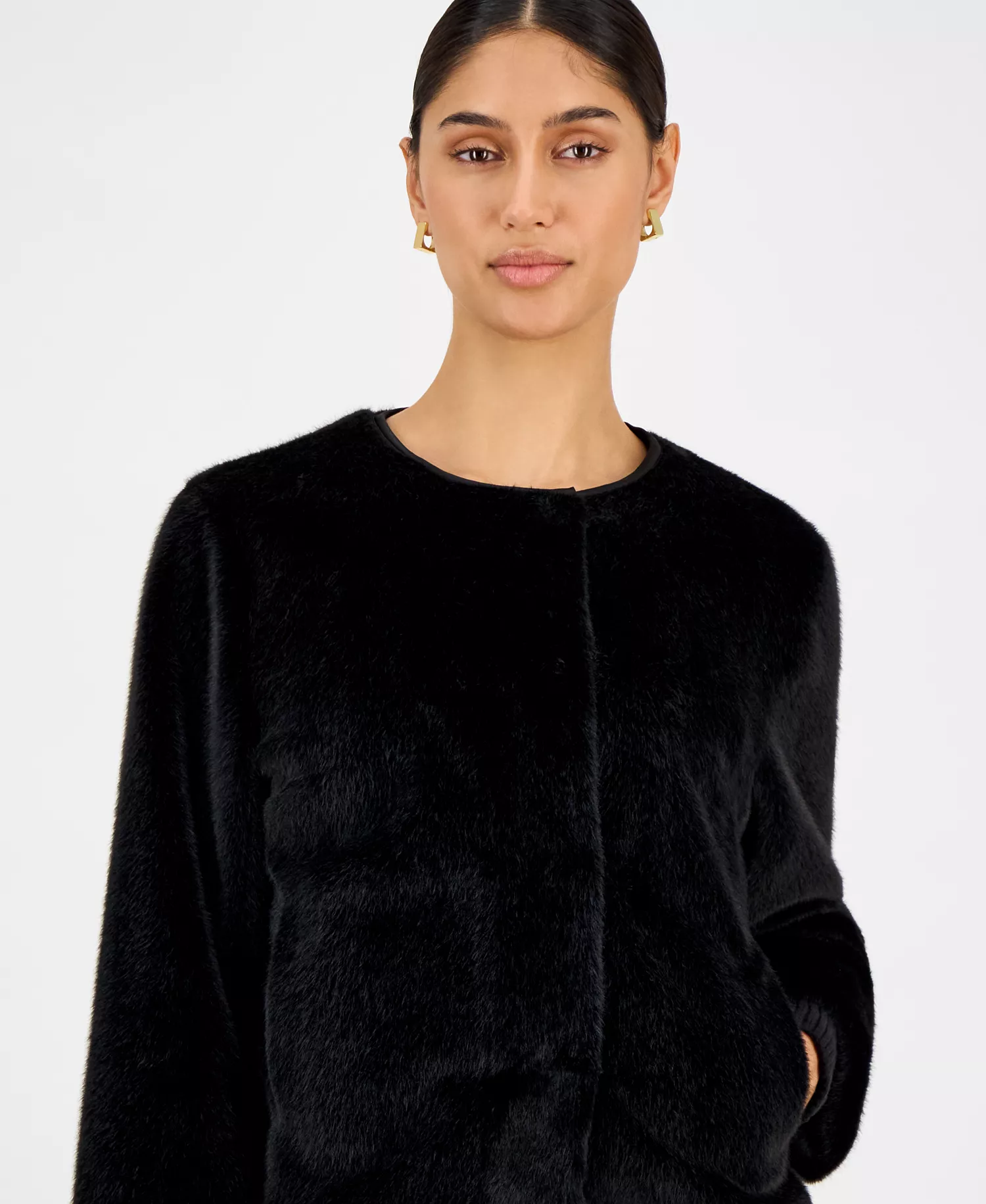 Women's Knit-Cuff Faux-Fur Jacket - Black - L