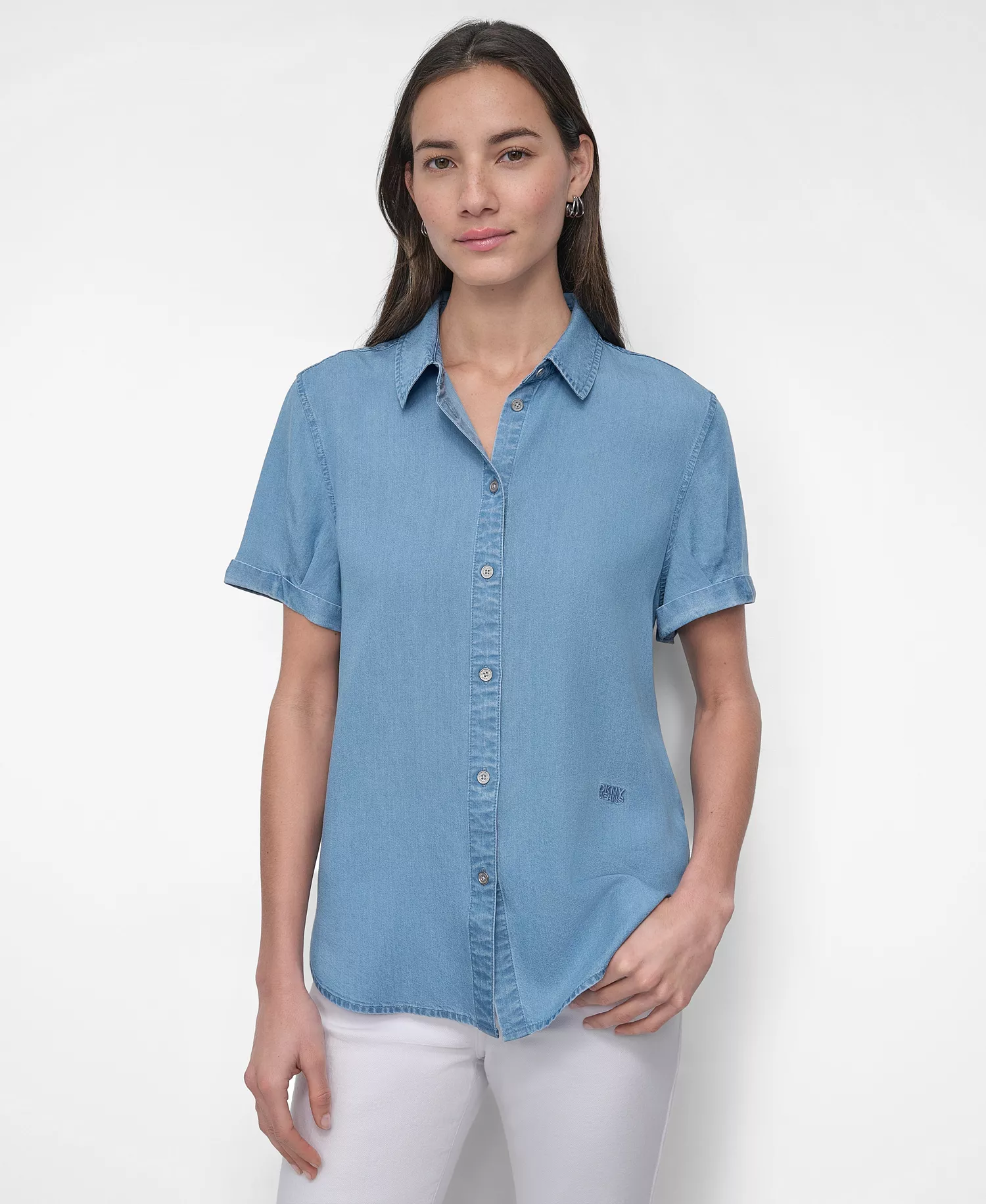 Women's Print Rolled Short-Sleeve Shirt - Chambray - L