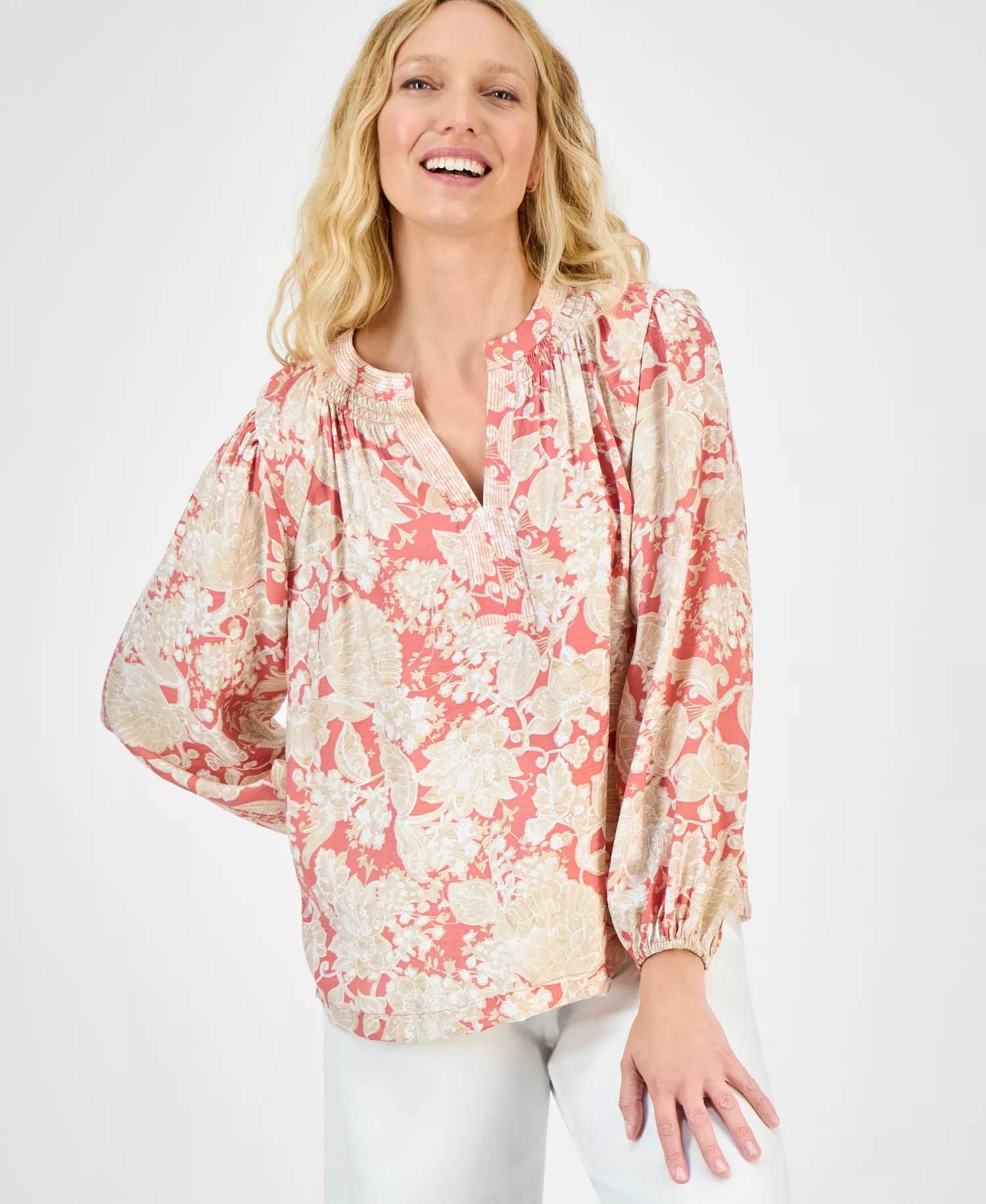 Nautica Women's Long Sleeve Floral Tunic Top  - Mineral Red Multi - XS