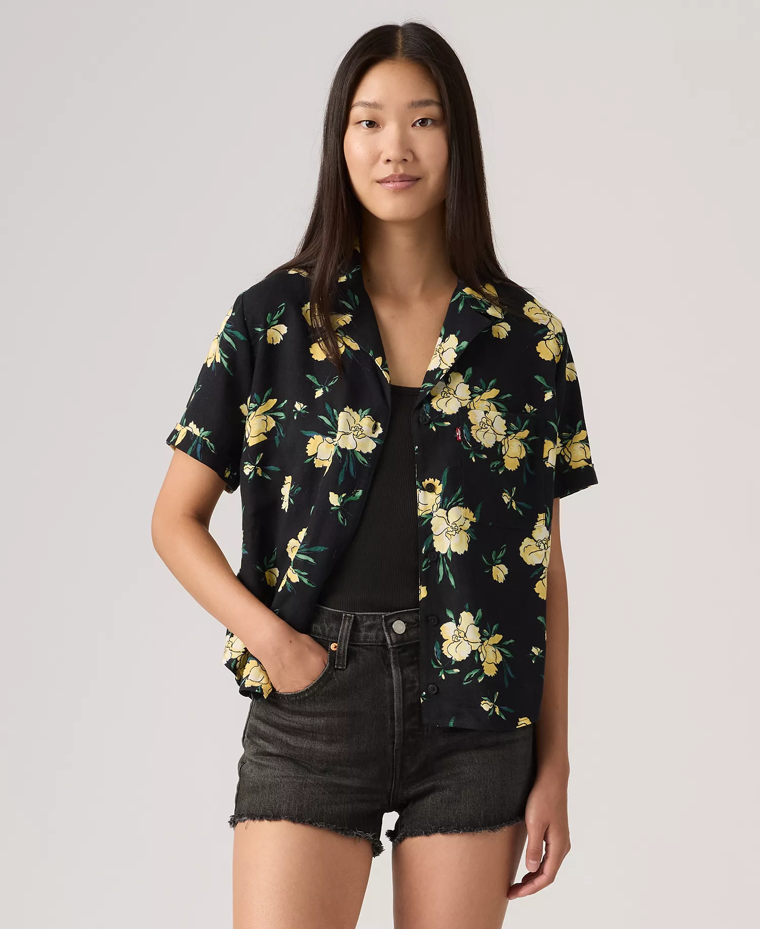 Women's Printed Short-Sleeve Camp Shirt - Blake Brushstroke Floral V5 Rattan - L
