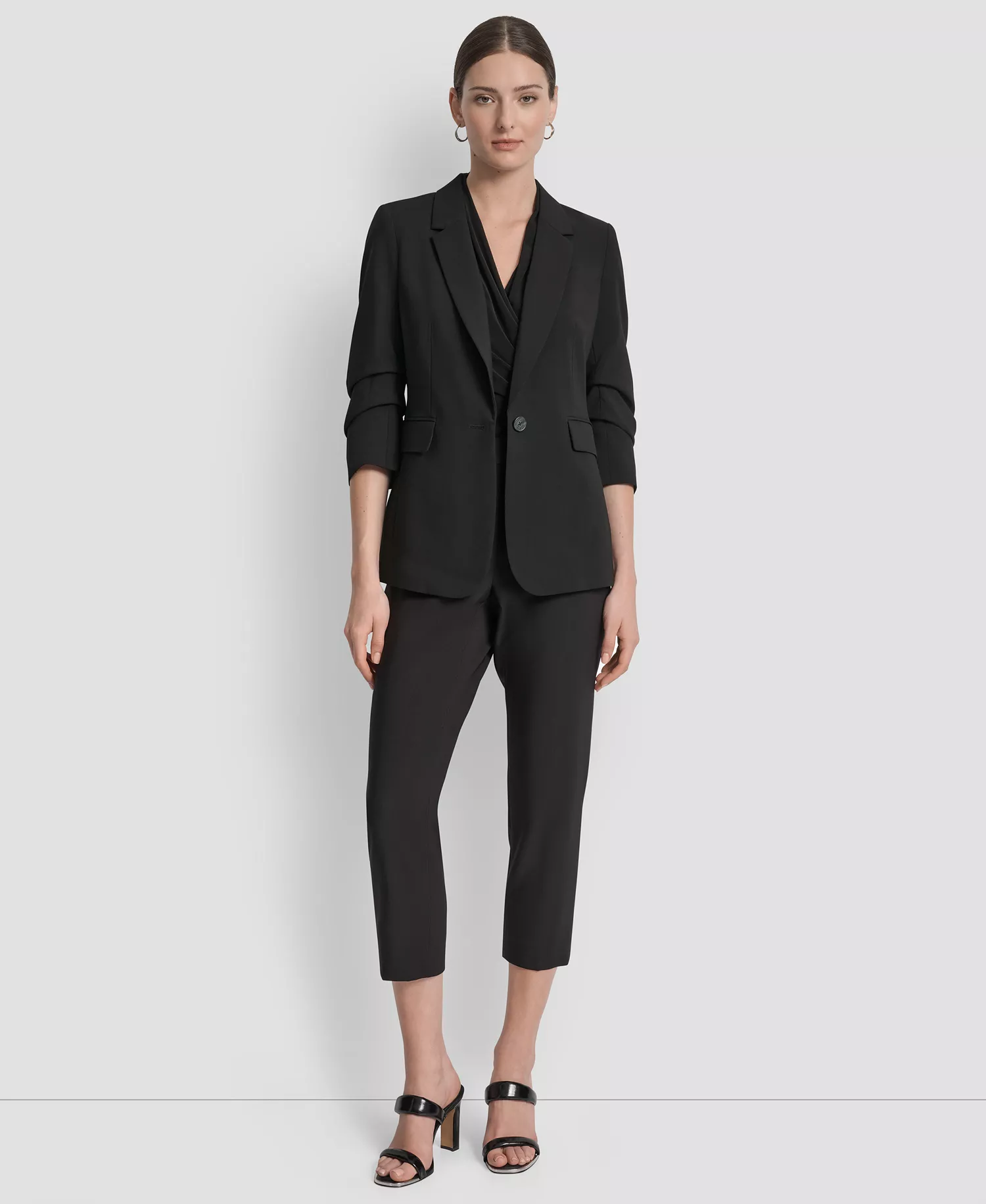 Women's Ruched-Sleeve One-Button Blazer - Black - 0