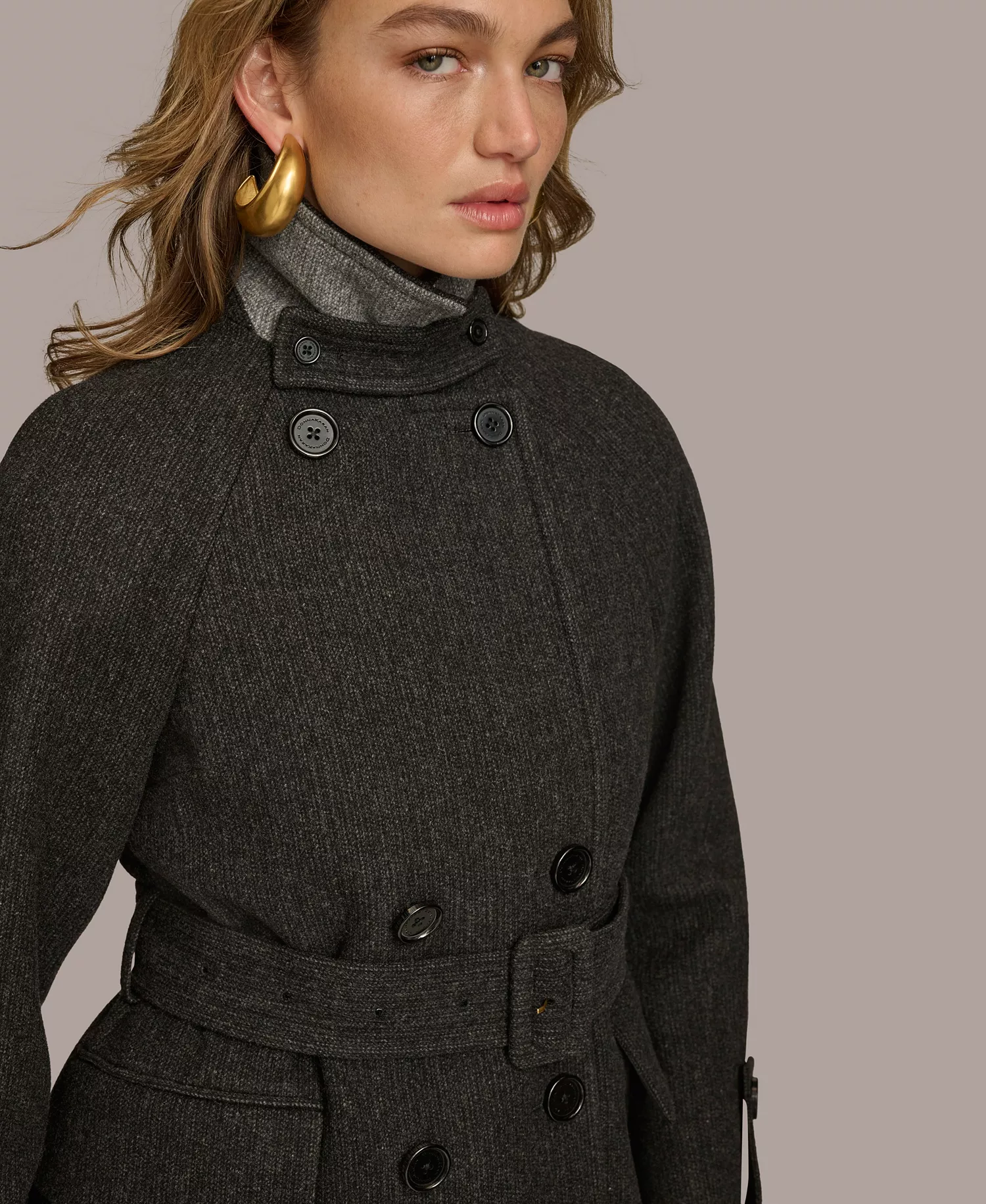 Women's Double-Breasted Belted Wrap Coat - Black - L