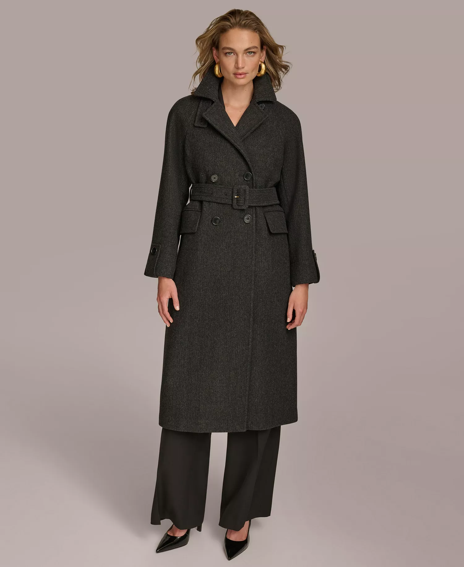 Women's Double-Breasted Belted Wrap Coat - Black - L