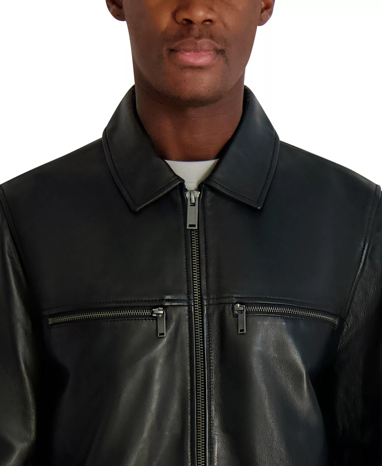 Men's Collared Leather Jacket - Black - 2XL