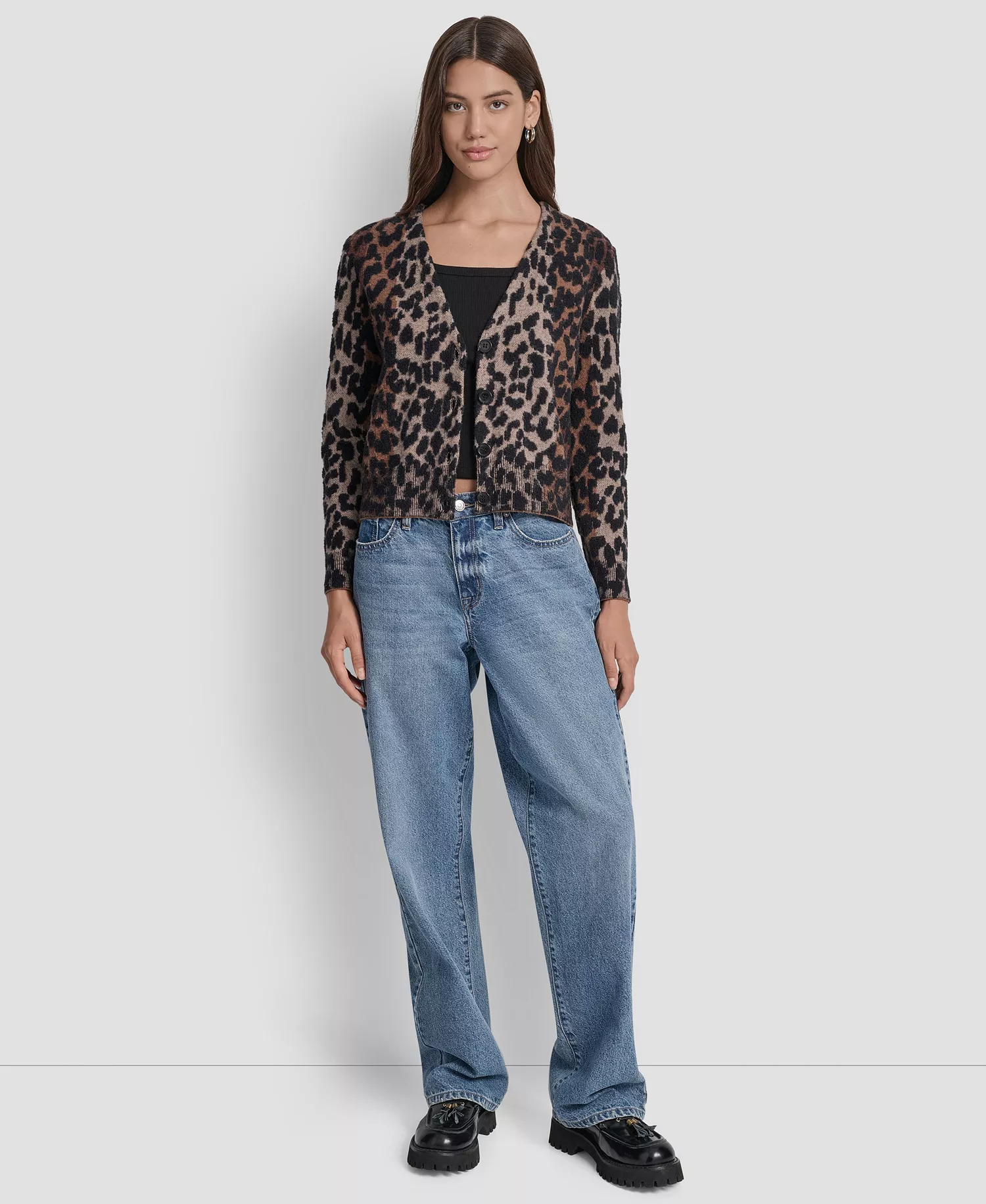 Women's Long Sleeves Leopard Print Cardigan Sweater - Burnt Sugar Combo - L