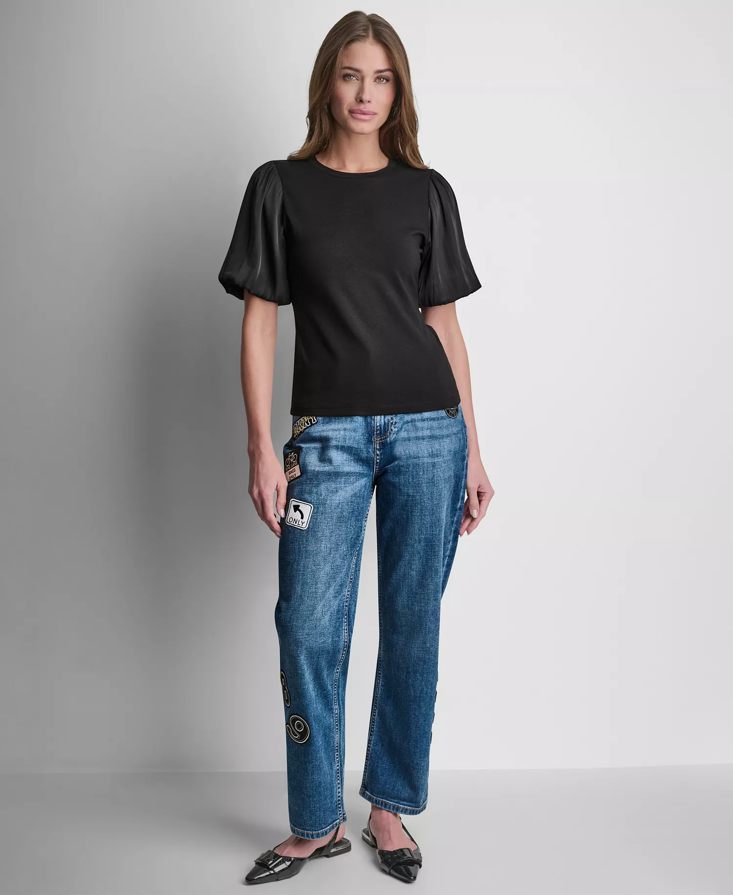 Women's Puffed Crew Neck Mix Media Knit Top - Black - L
