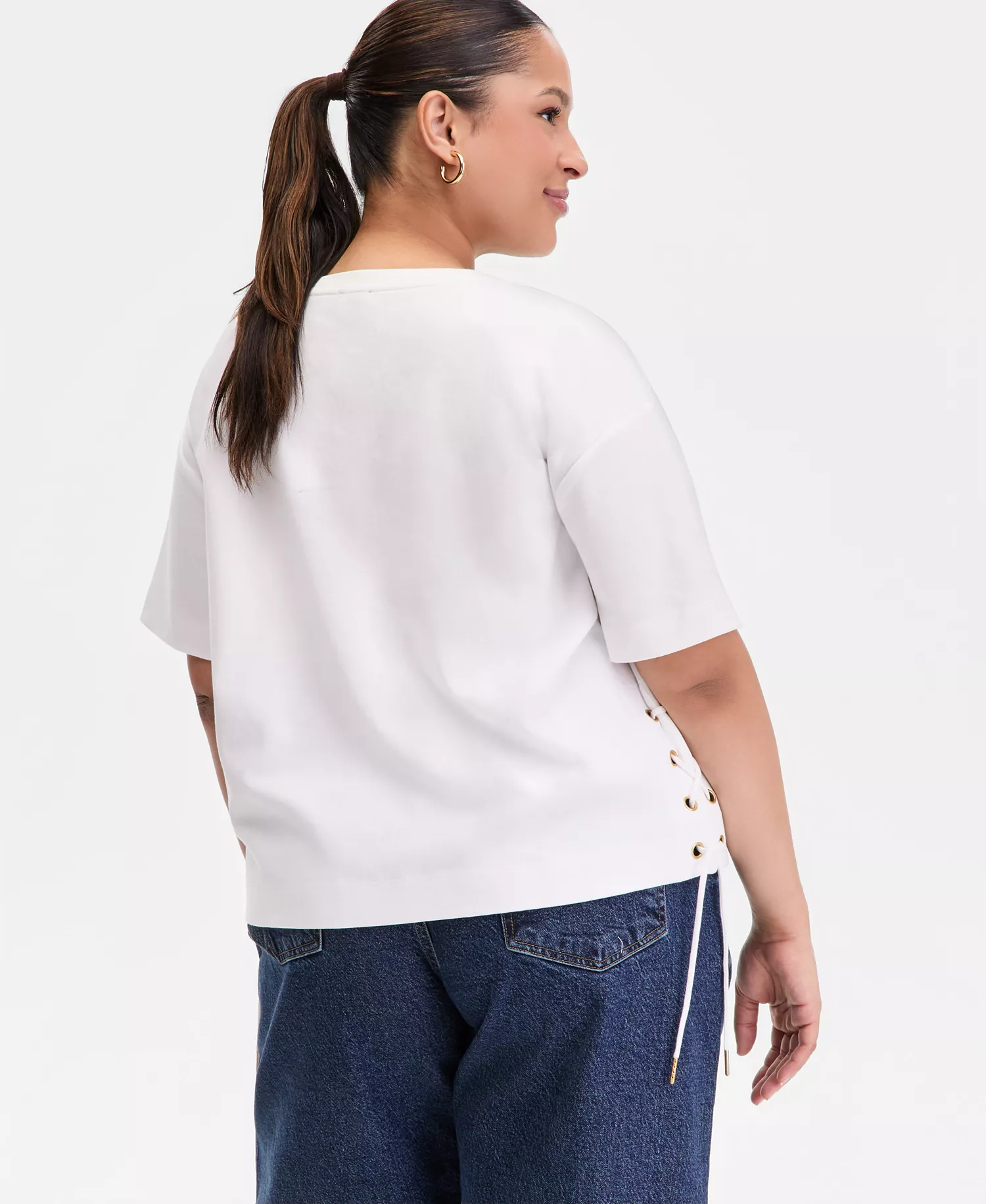 Plus Size Lace-Up-Side Cotton T-Shirt, Macy's Exclusive  - Bright White - 0X