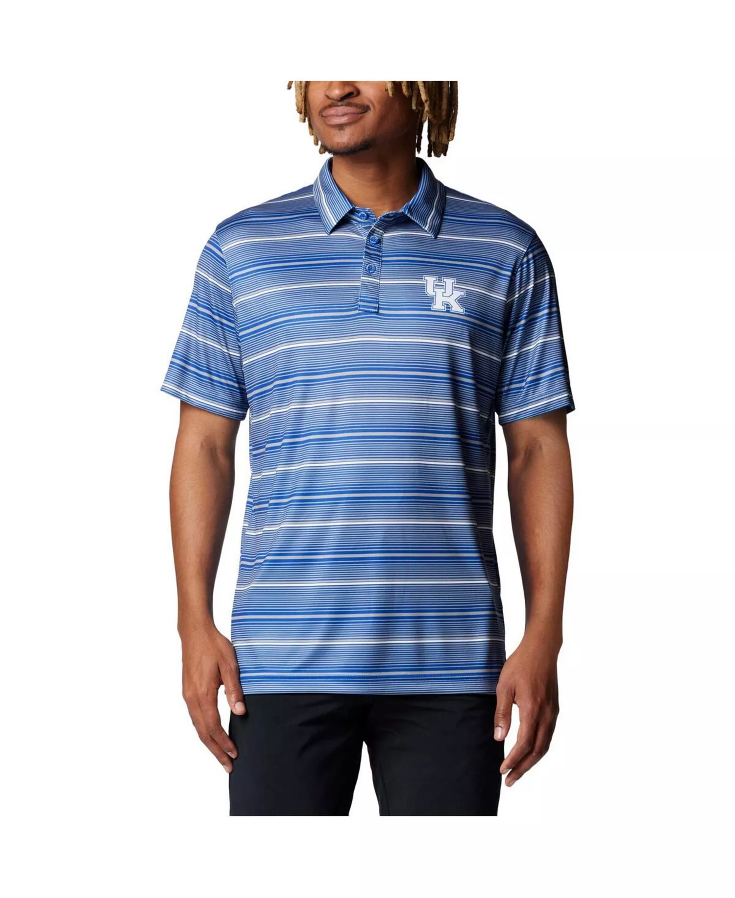 Men's Royal Kentucky Wildcats PFG Super Terminal Tackle Omni-Shade Stripe Polo Shirt - Royal - L