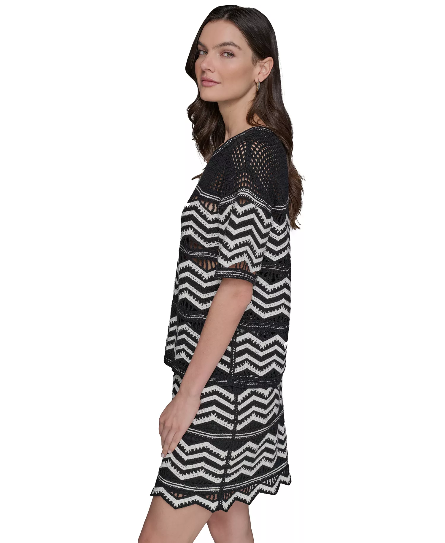 Women's Short-Sleeve Chevron Knit Sweater - Black/soft White - L