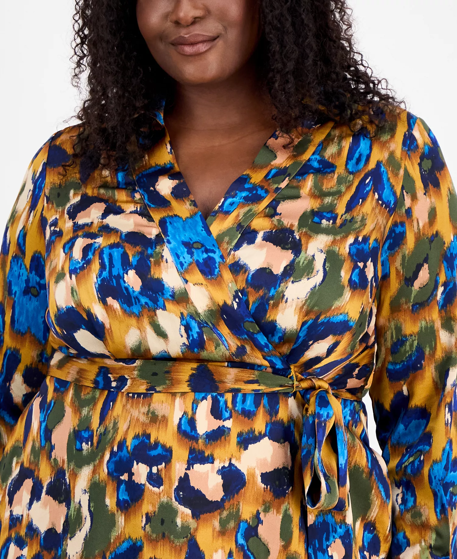 Plus Size Printed V-Neck Tie-Waist Midi Dress - Ginger/Sapphire - 14W