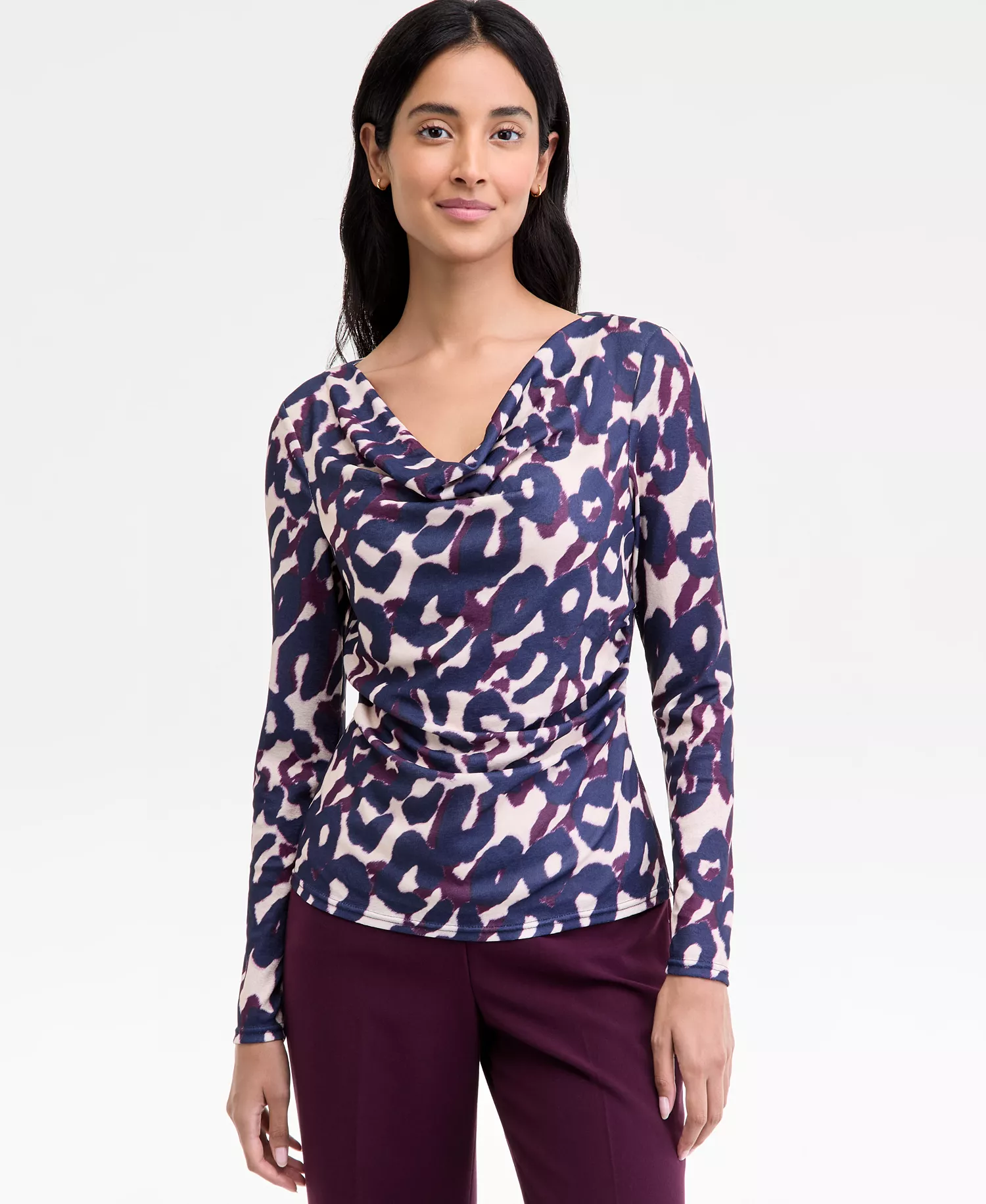 Petite Cowl-Neck Draped-Waist Top - Plum Leopard - P/L