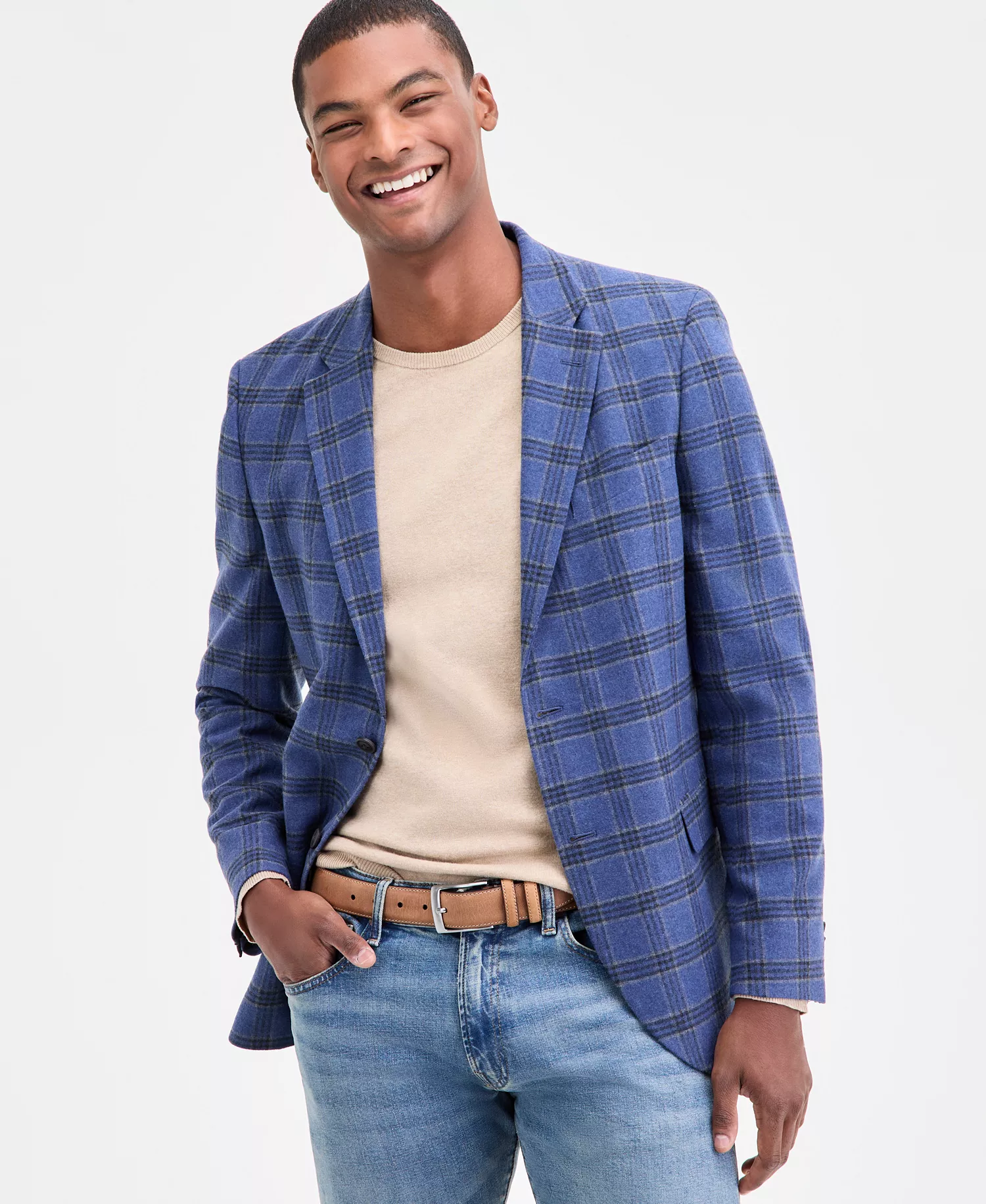 Men's Modern-Fit Tweed Patterned Sport Coat - Blue Plaid - 36R