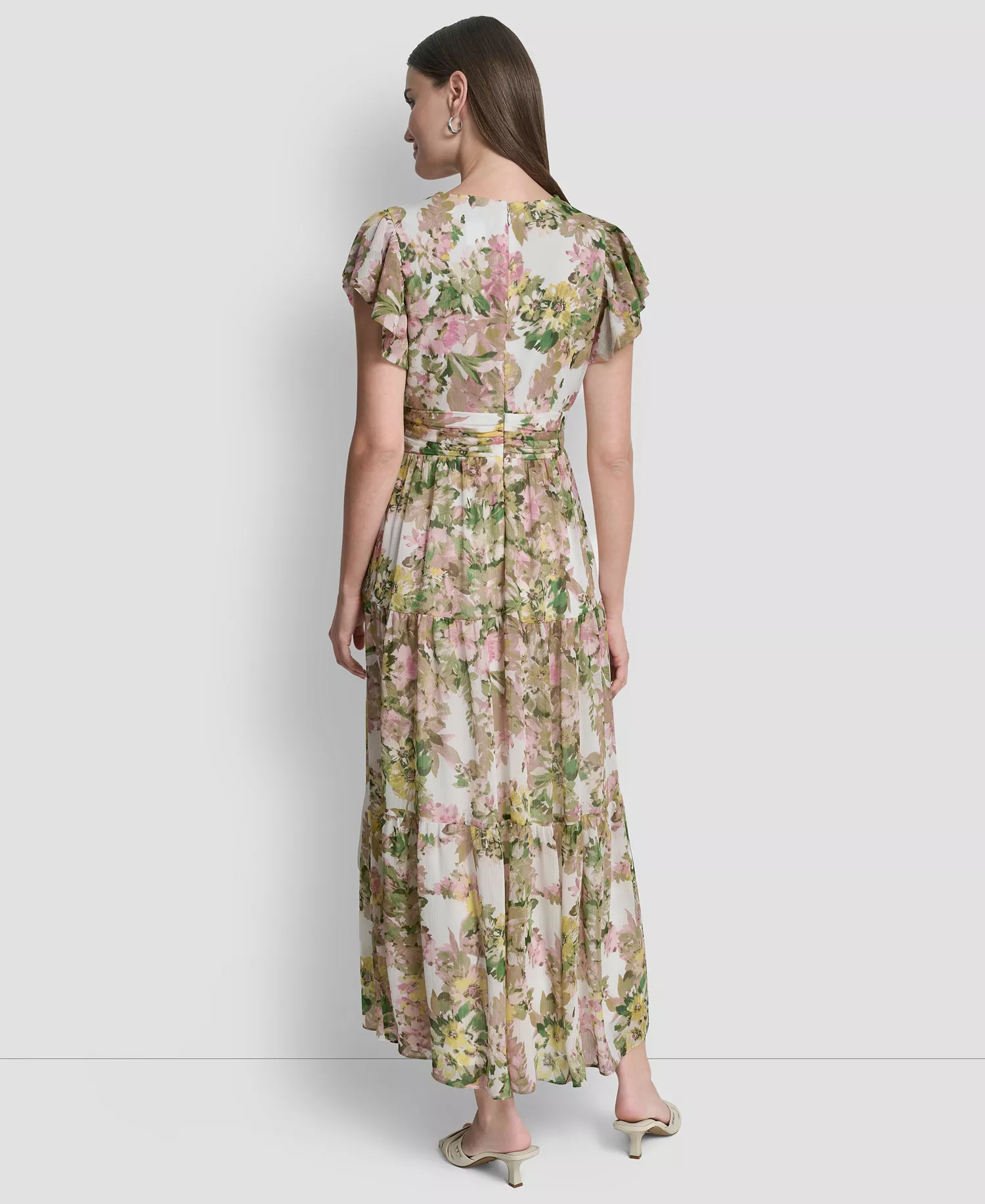 Women's V-Neck Tiered Long Dress - Ivory Multi - 10