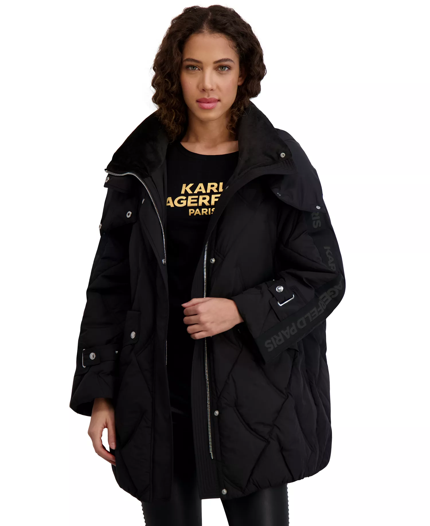 Women's Hooded A-Line Puffer Coat - Black - L
