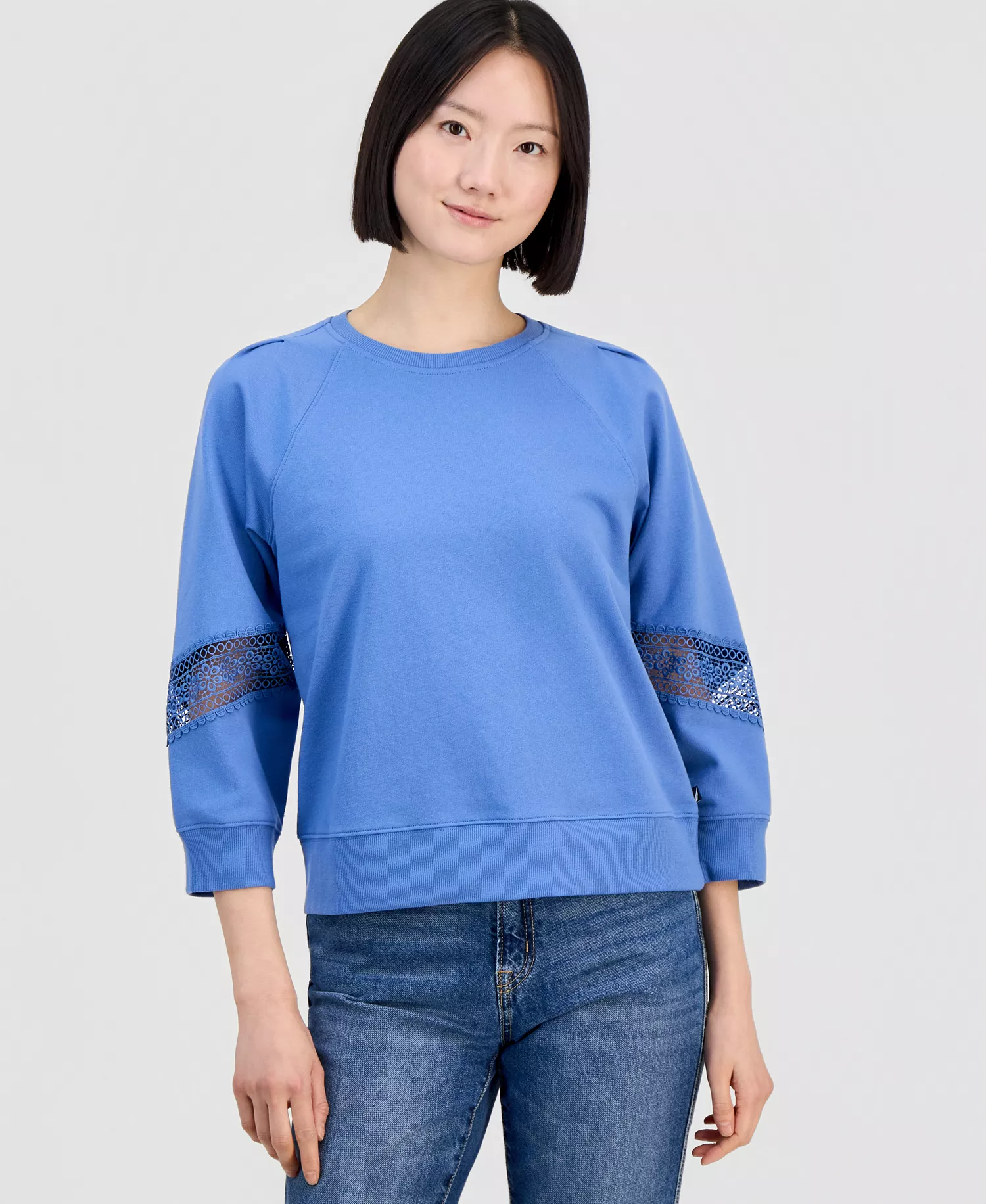 Nautica Women's Pleated Lace-Trim 3/4-Sleeve Sweatshirt - Blue Haze - L