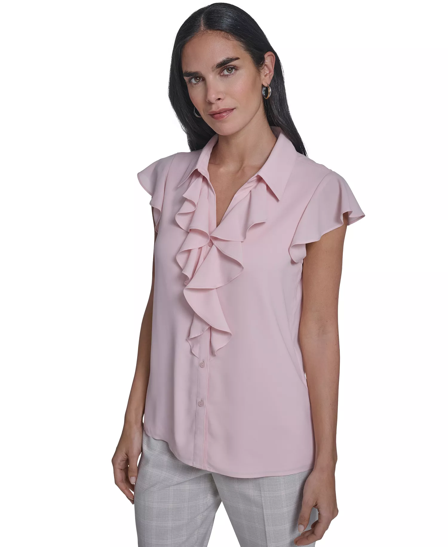 Women's Solid Cap-Sleeve Ruffle Front Top - Petal - L