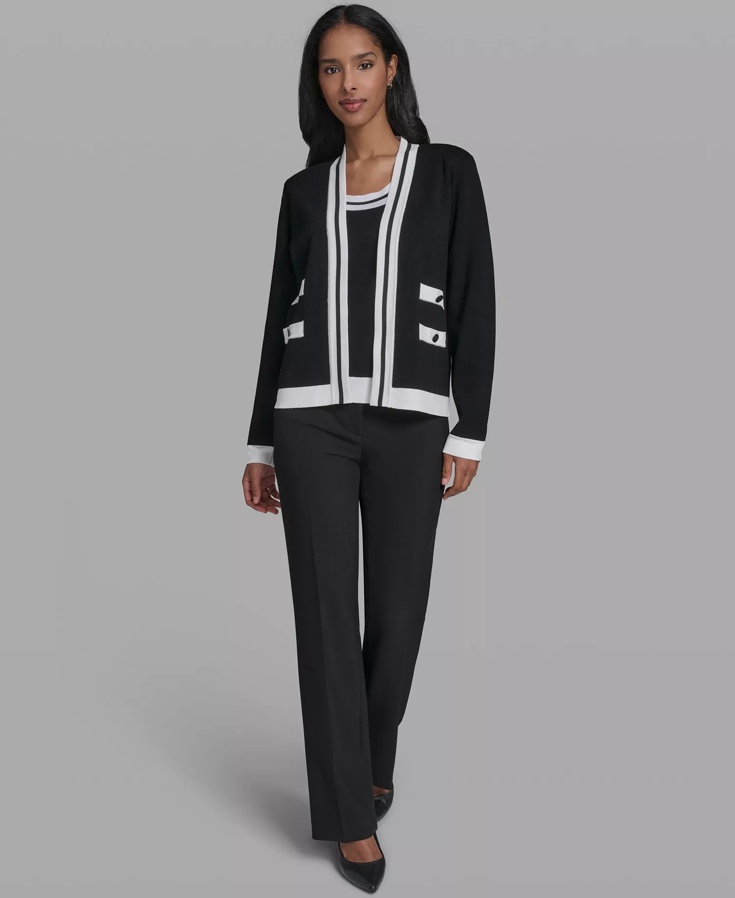 Women's Open-Front Long-Sleeve Knit Cardigan with Contrast Trim - Black/soft White - L