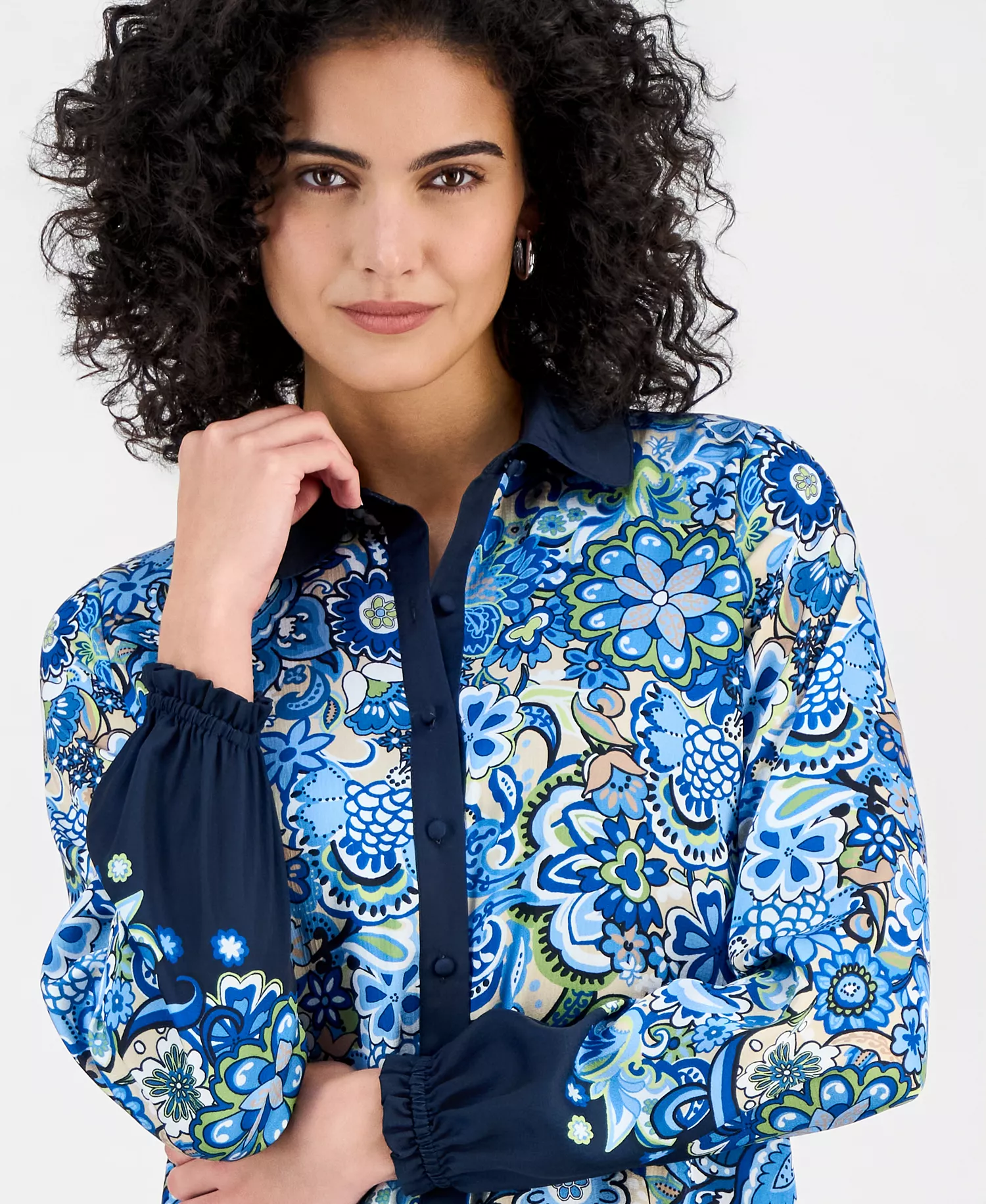 Women's Paisley Button-Front Blouse - Garden Bloom Print - L