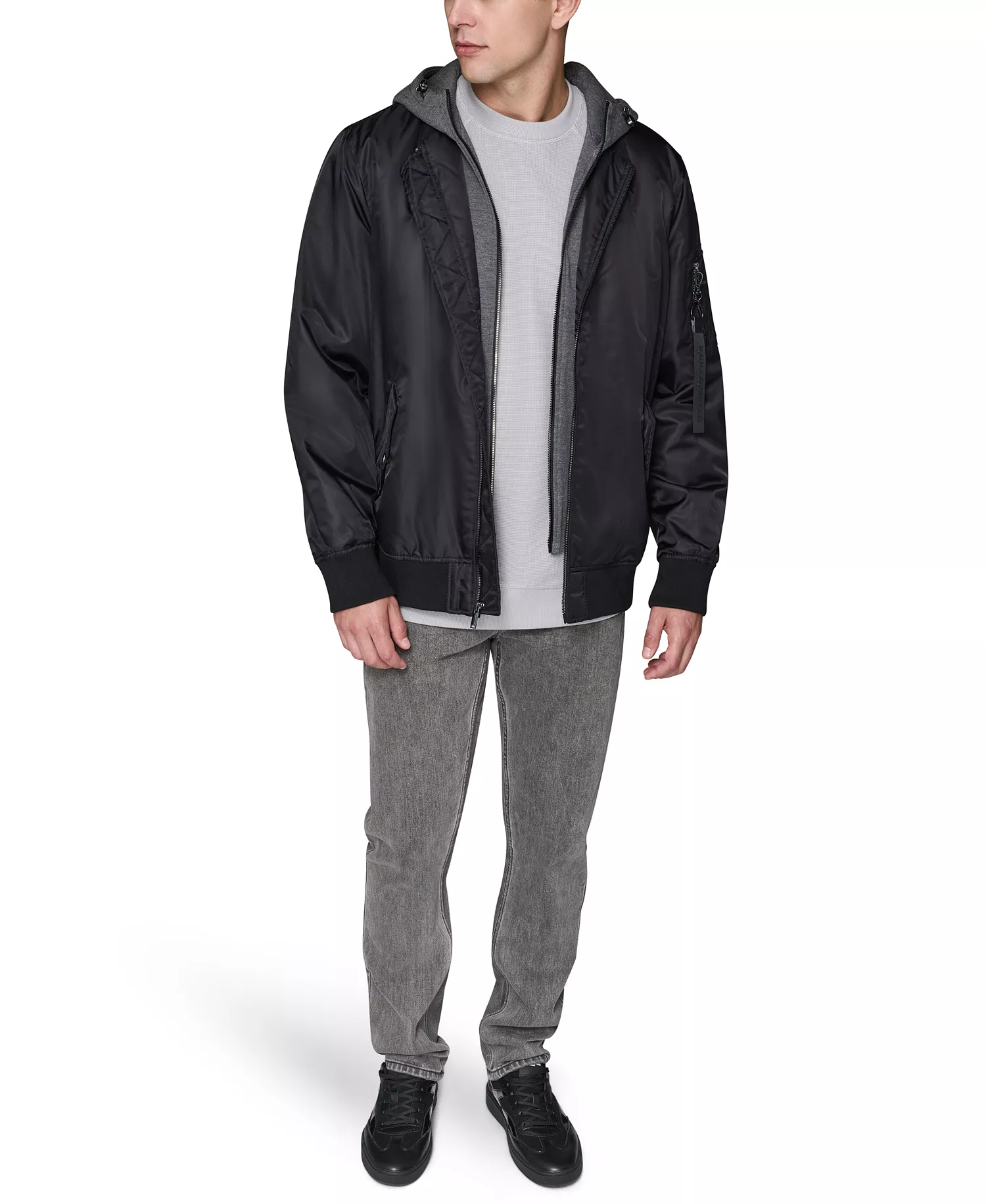 Men's Embroidered Signature Hooded Bomber Jacket - Black - 2XL