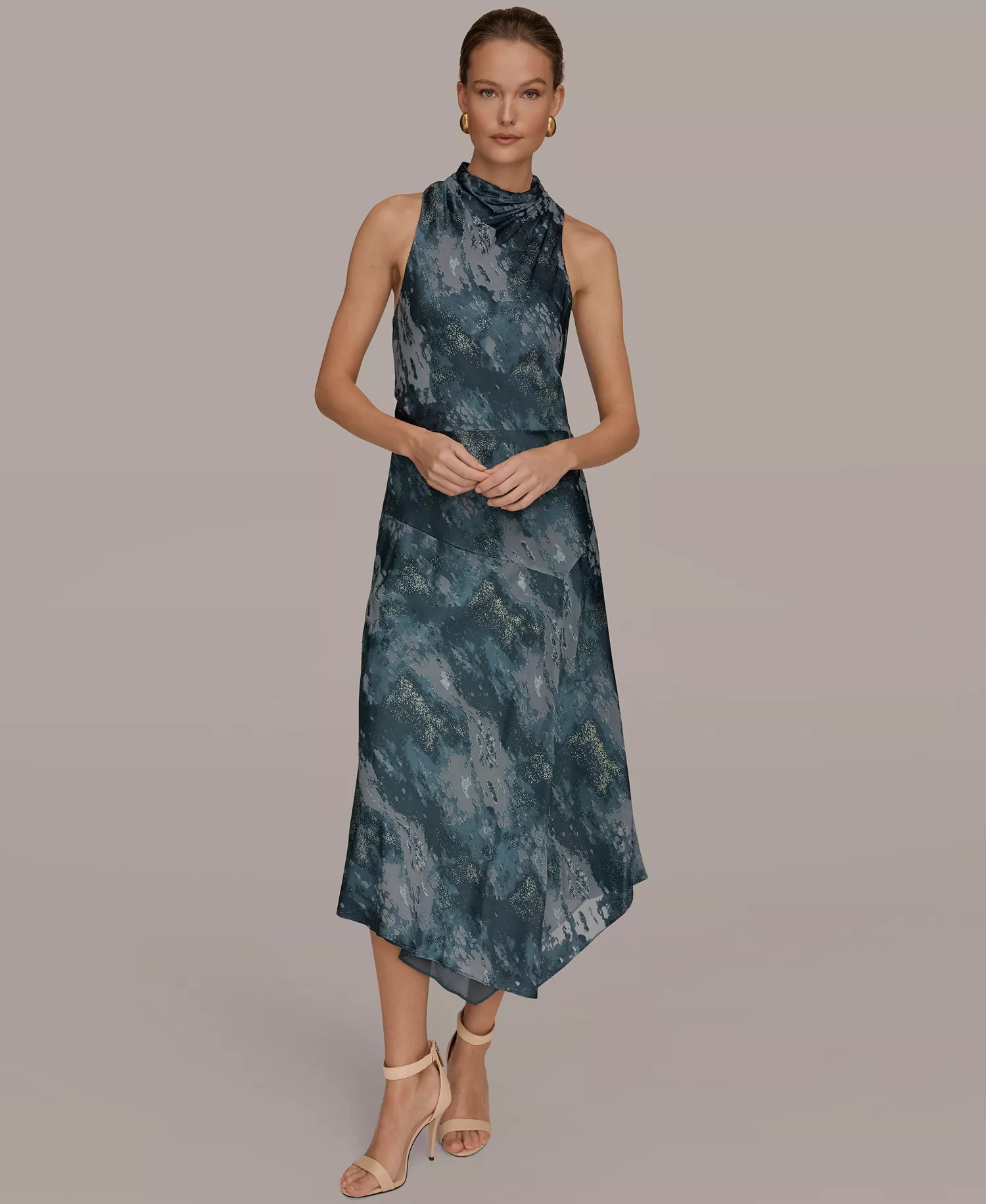 Women's Sleeveless High Neck Midi Dress - Blue Combo/Gold - 10