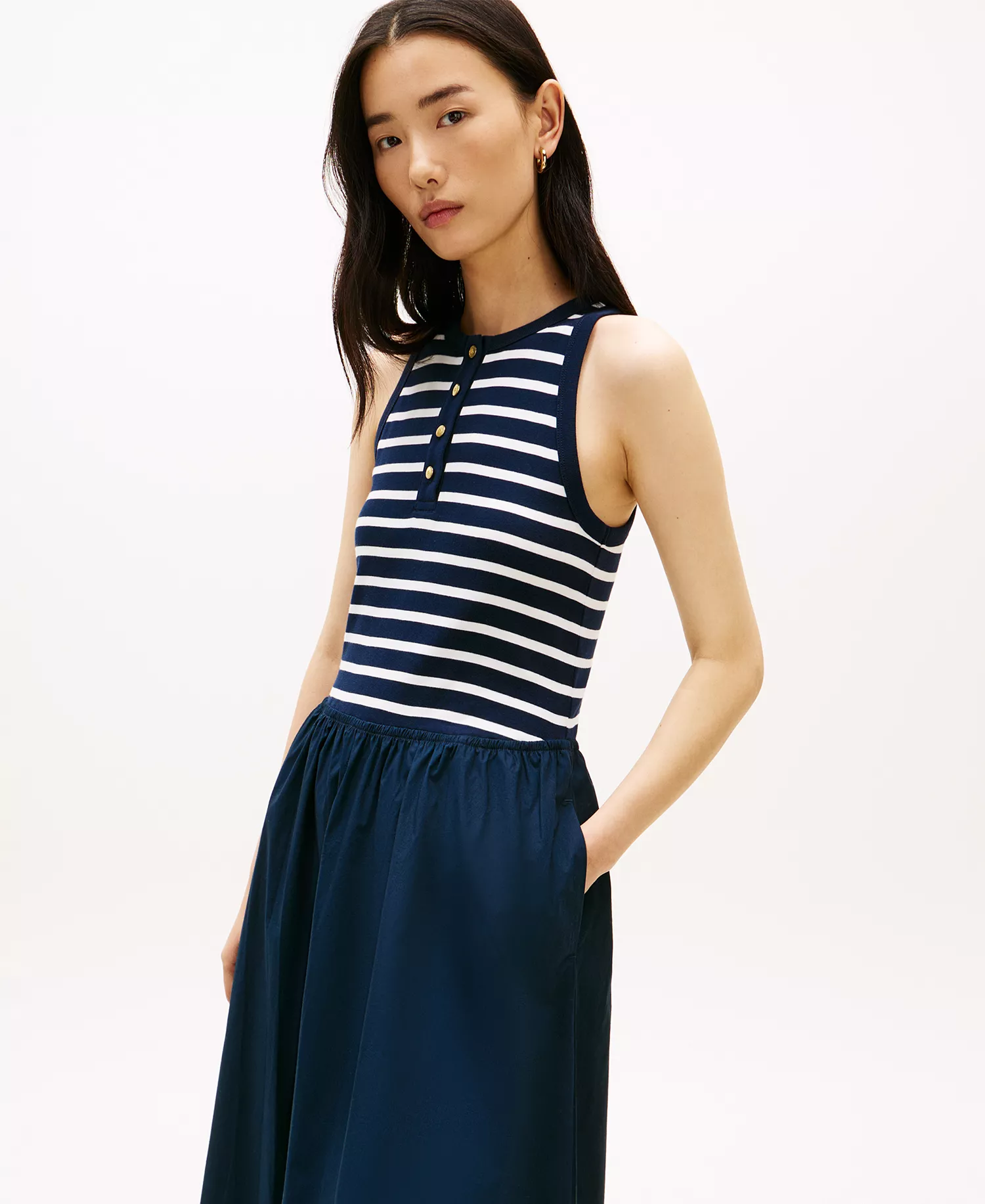 Women's Gold-Tone Button Dress - Breton Stripe Dark Night / Ecru - L