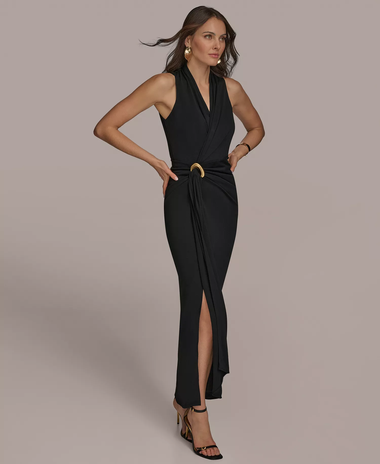 Women's Draped Faux-Wrap Gown - Black - 10