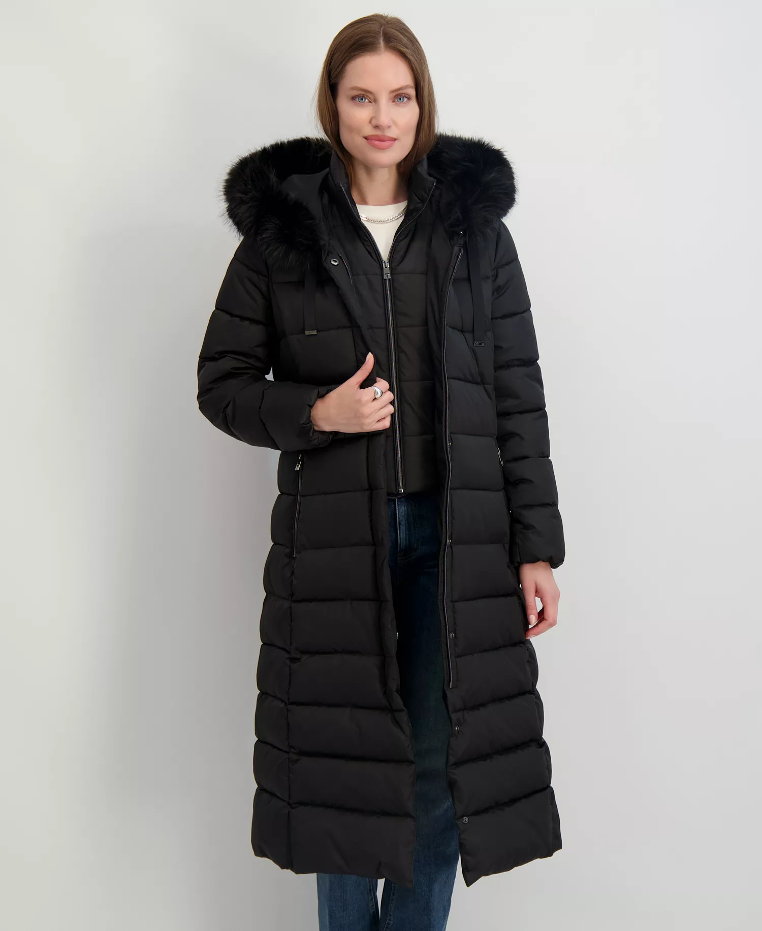 Womens Maxi Shine Bibbed Faux-Fur-Trimmed Hooded Puffer Coat - Black - L