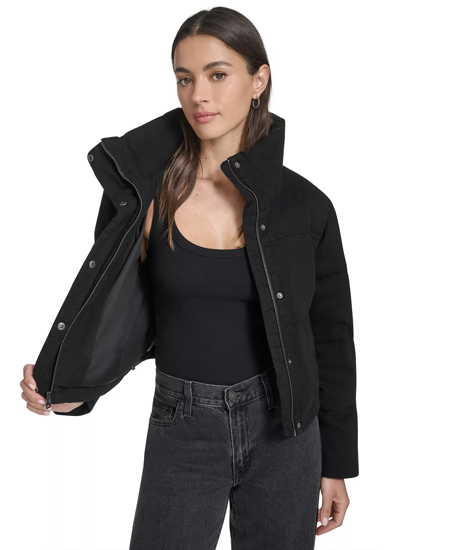 Women's Regular Cropped Cotton Puffer Jacket - Black - L