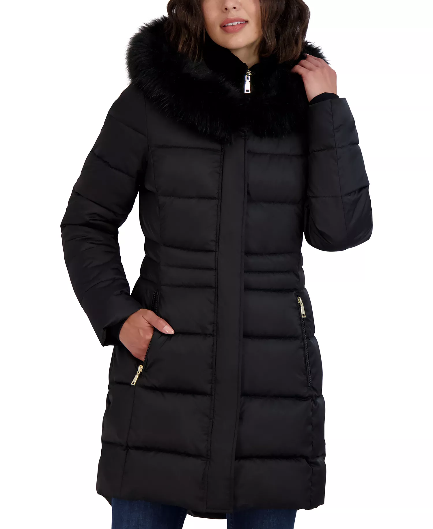 Womens Velvet Bibbed Faux-Fur Hooded Puffer Coat - Black - S