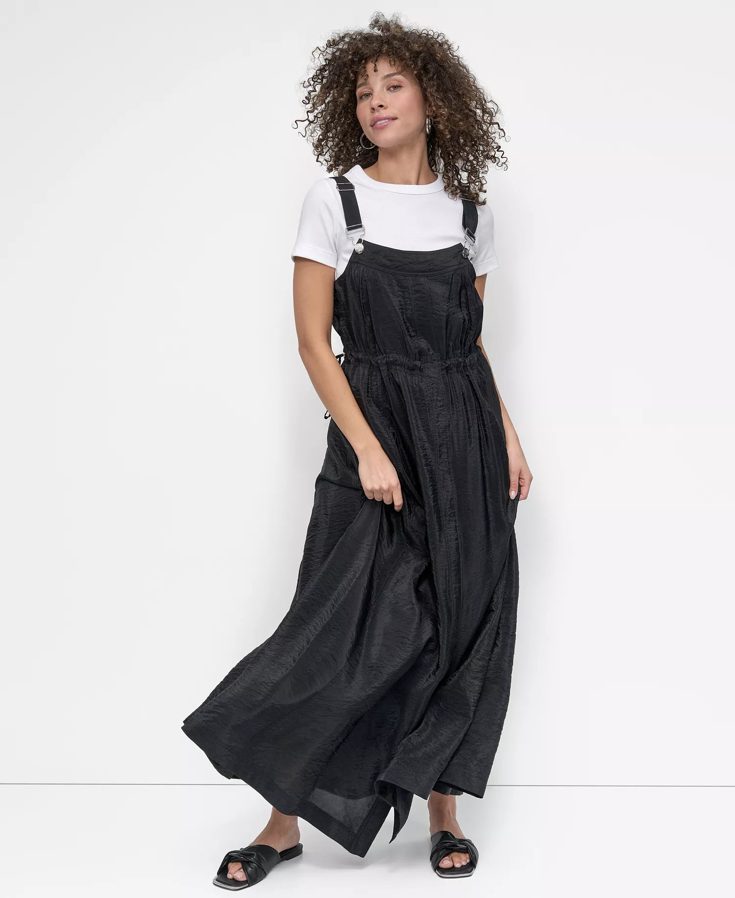 Women's Drawstring Adjustable Shoulder Overall Dress - Black - L