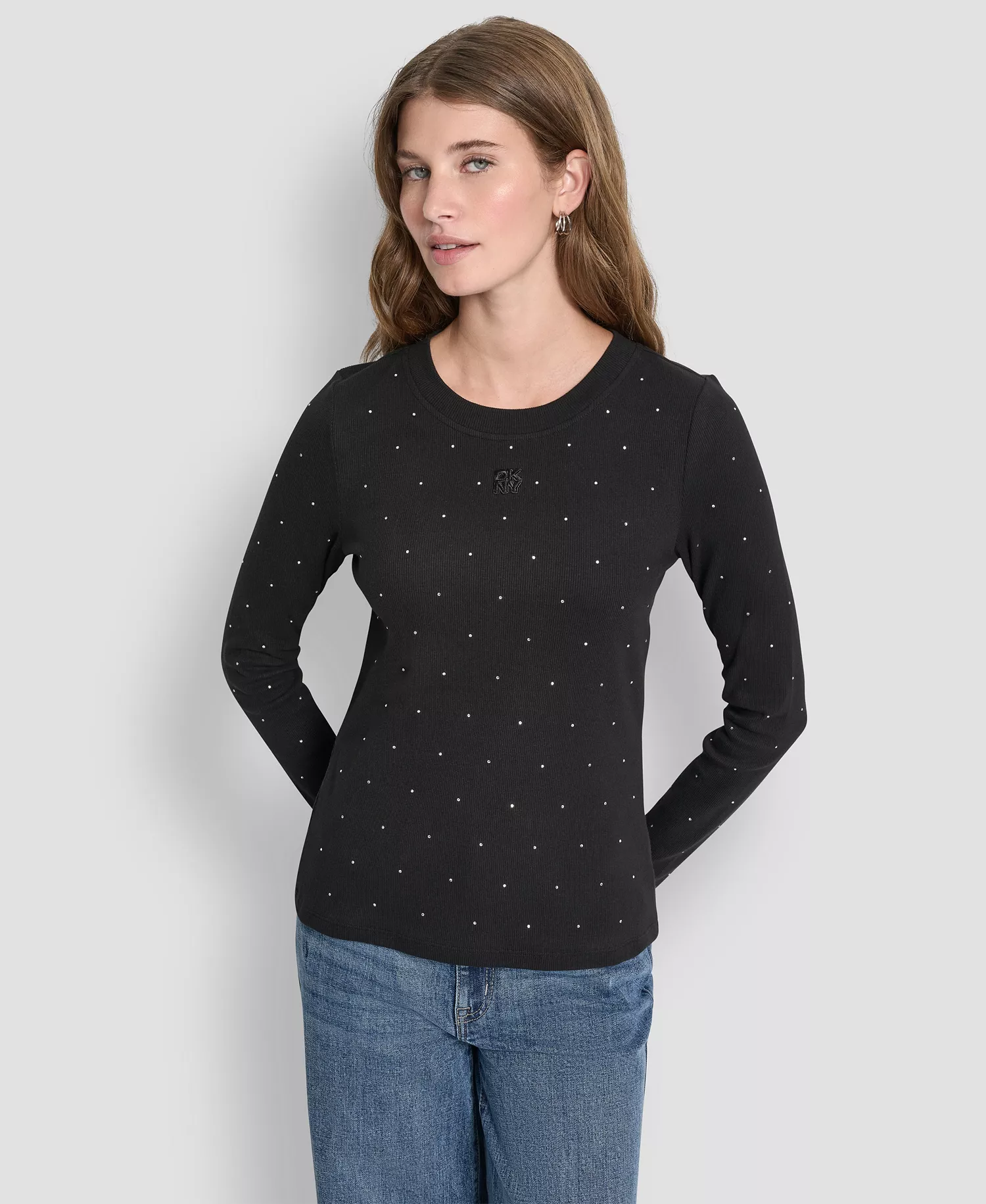 Women's Rhinestone-Embellished Crew Neck Sweater - Black - XS