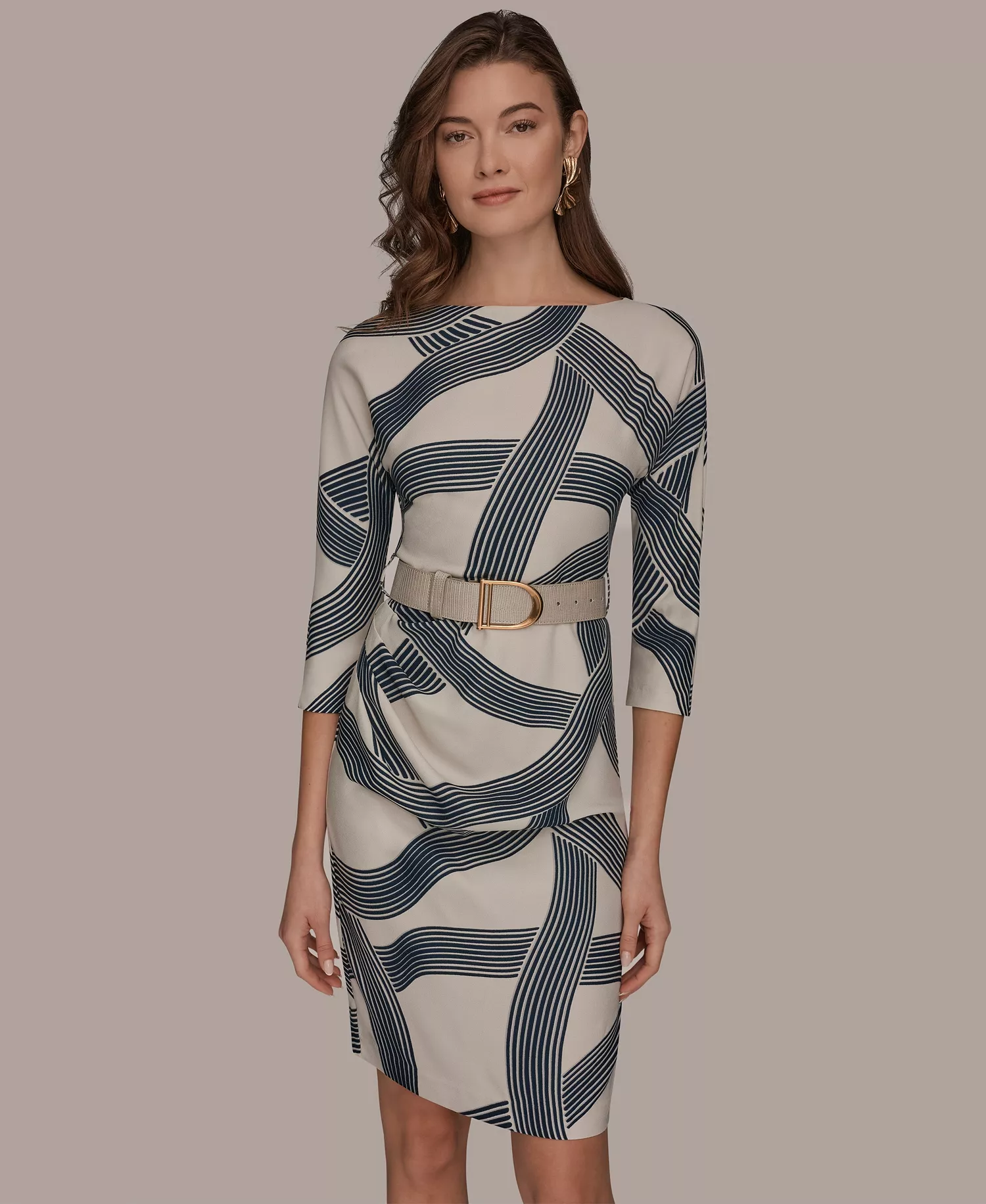 Women's Abstract Print Belted Sheath Dress - Vellum/Nightfall - 10