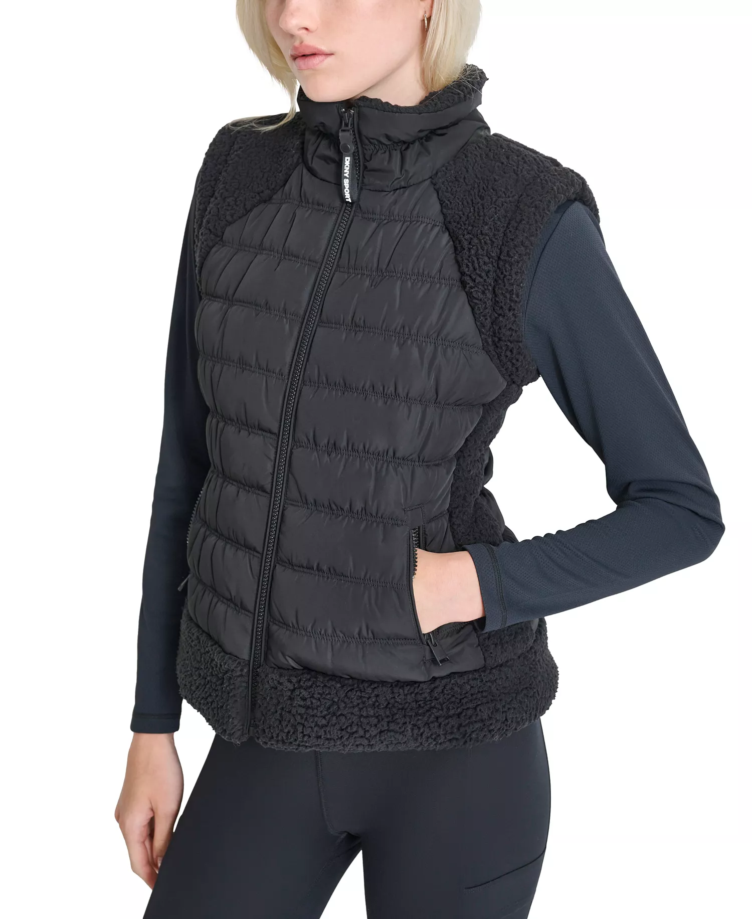 Women's Horizontal Channel Quilted Mock Neck Puffer Vest with Sherpa - Blk/black - L